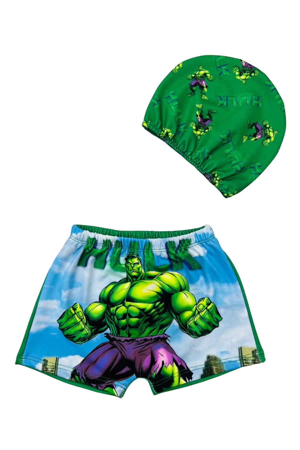 Lolliboomkids Erkek Çocuk Kahraman Yeşil Dev Hulk Temalı Mayo Şort Bone 2 Li Set  2022