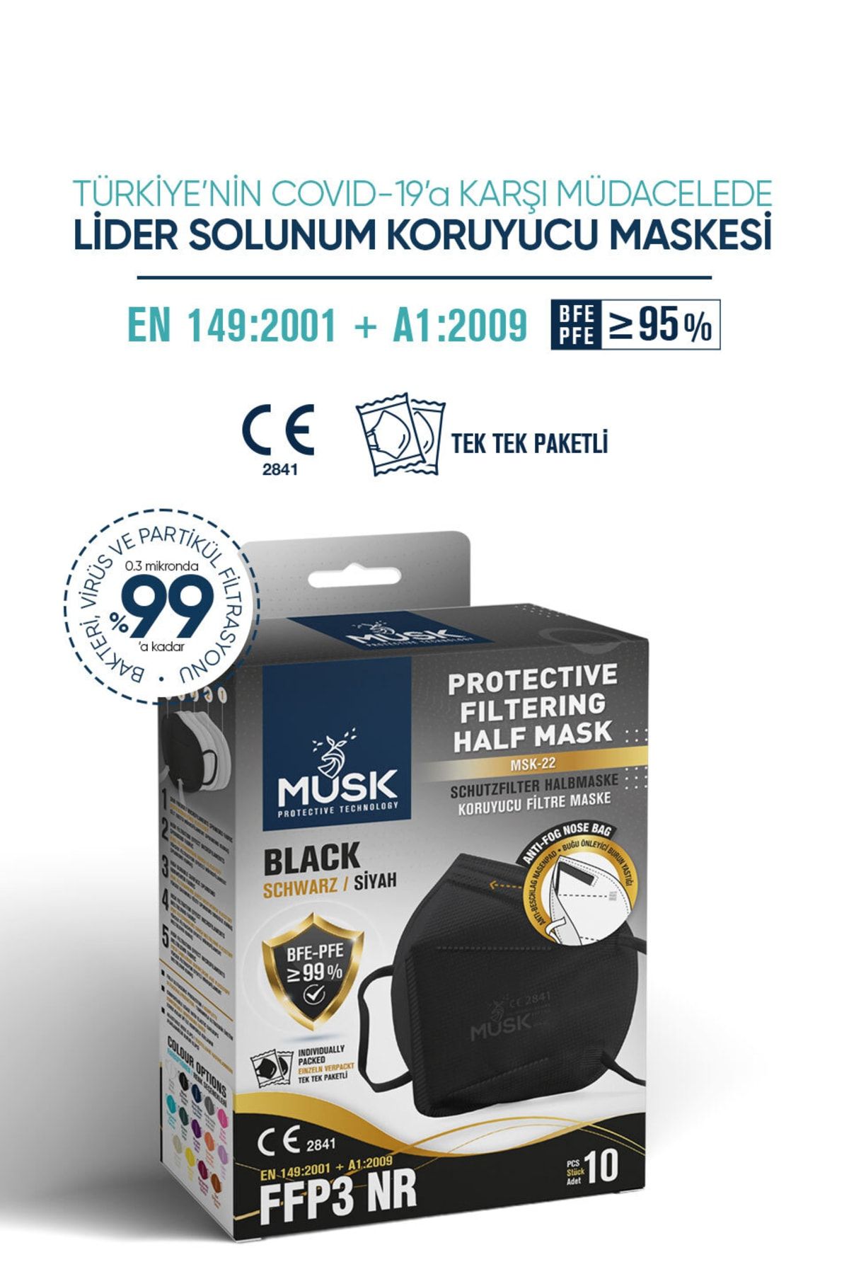 Musk FFP3 Maske N99 Siyah Renk 10 Adet