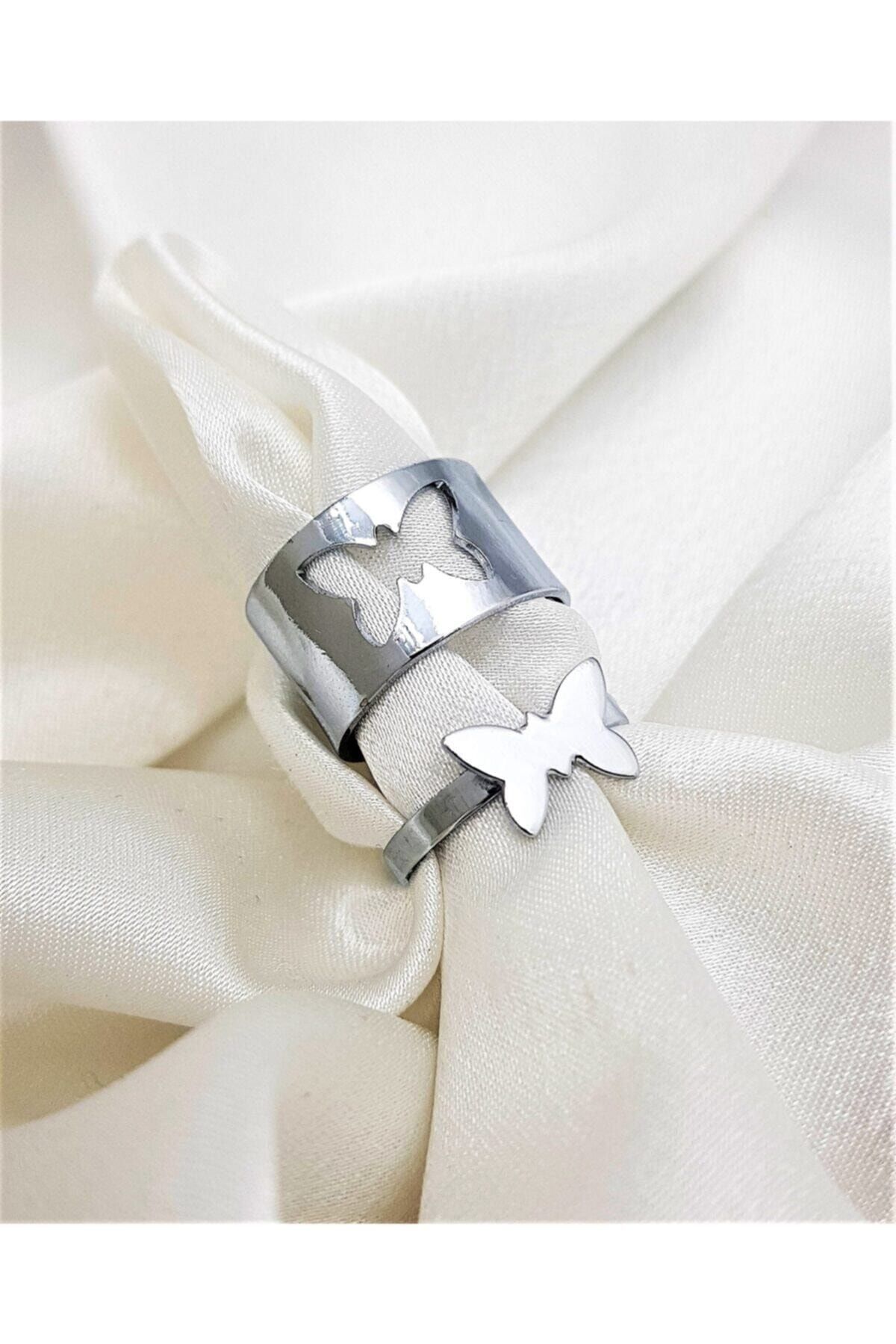 TÜKKAN ACCESSORİES Gümüş Kaplama Ayarlanabilir Kelebek Figür Arkadaş Sevgili Çift Yüzüğü