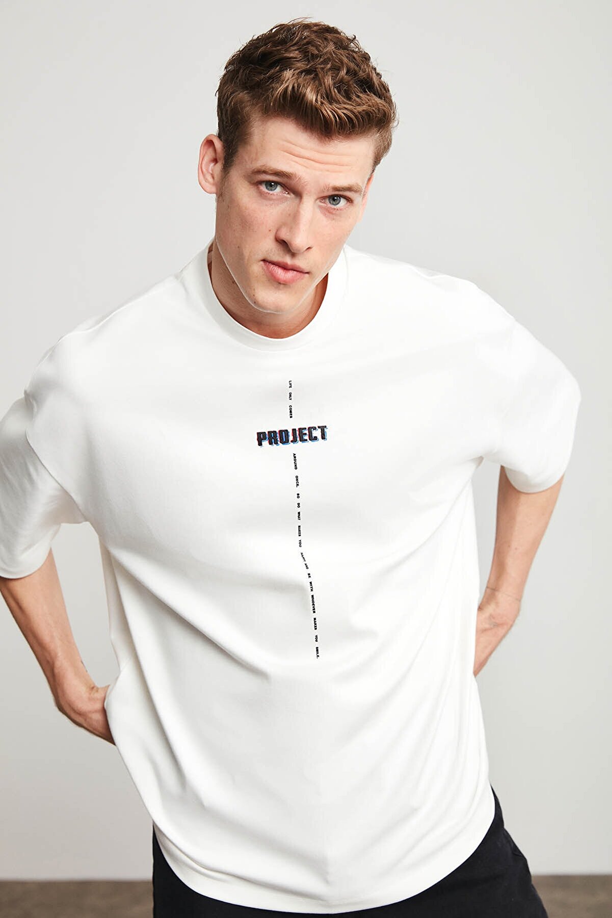 GRIMELANGE Project Erkek Beyaz Baskılı Yuvarlak Yaka Oversize T-shirt