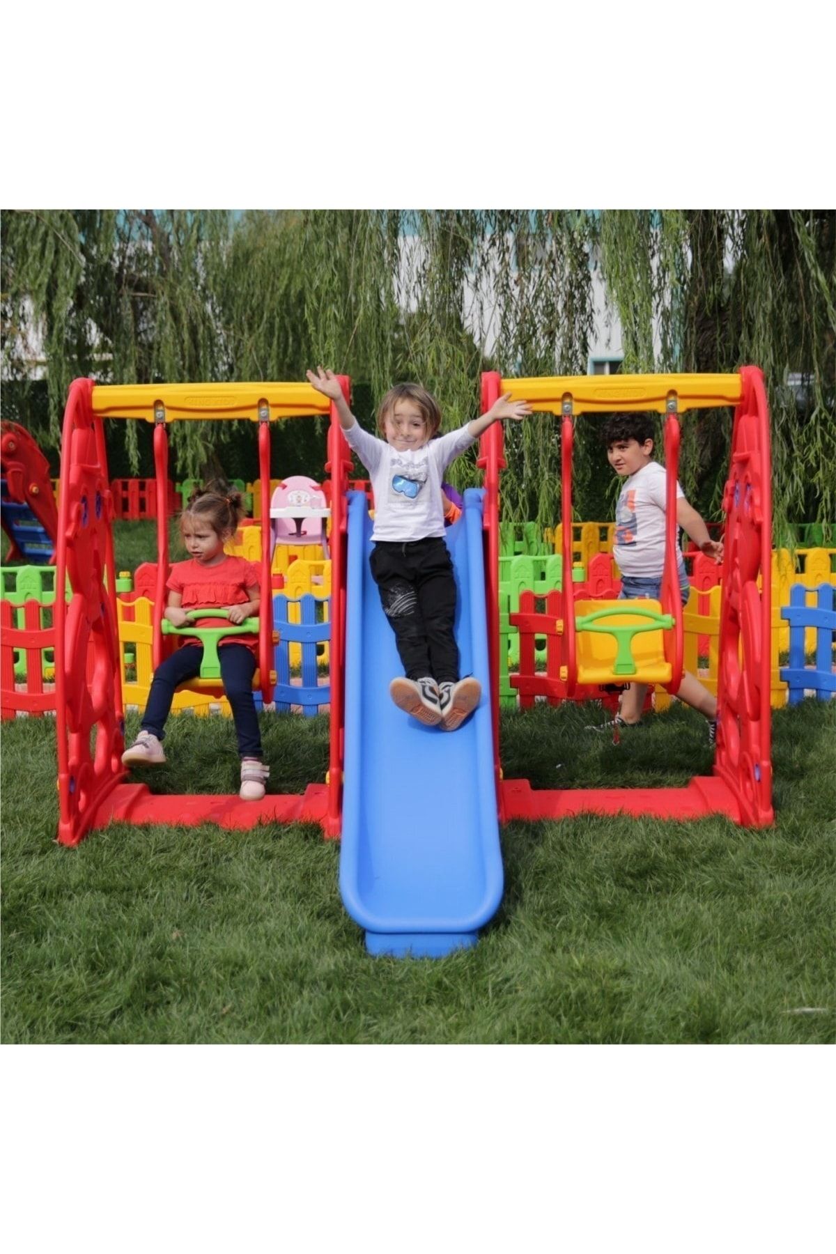 Genel Markalar Çocuk Oyun Parkı - Kaydırak Ve Çift Salıncak - Figürlü Büyük Park Set - Anaokulu - Kreş