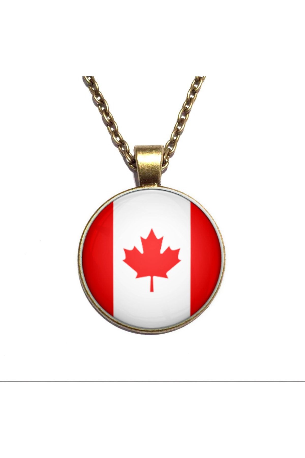 Market66 Kanada Bayrak Kolye Canada Bayrağı Yuvarlak Camlı Bronz Renk Metal Kolyesi