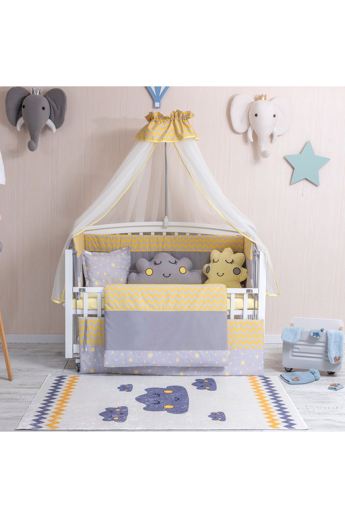 Mini Baby Figürlü Sarı Bebek Uyku Seti 11 Parça Cibinlikli 70x130