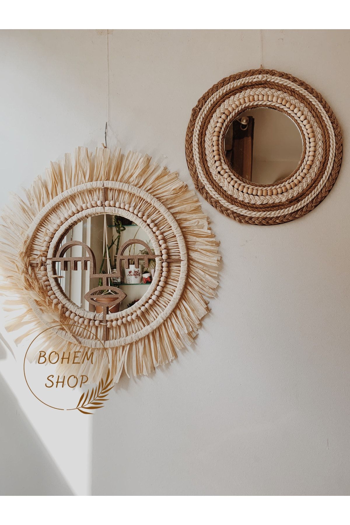 Bohem Shop El Yapımı Bohem Dekoratif Ayna Seti/ Kadın Hasır Rafya Etnik Duvar Dekoru -