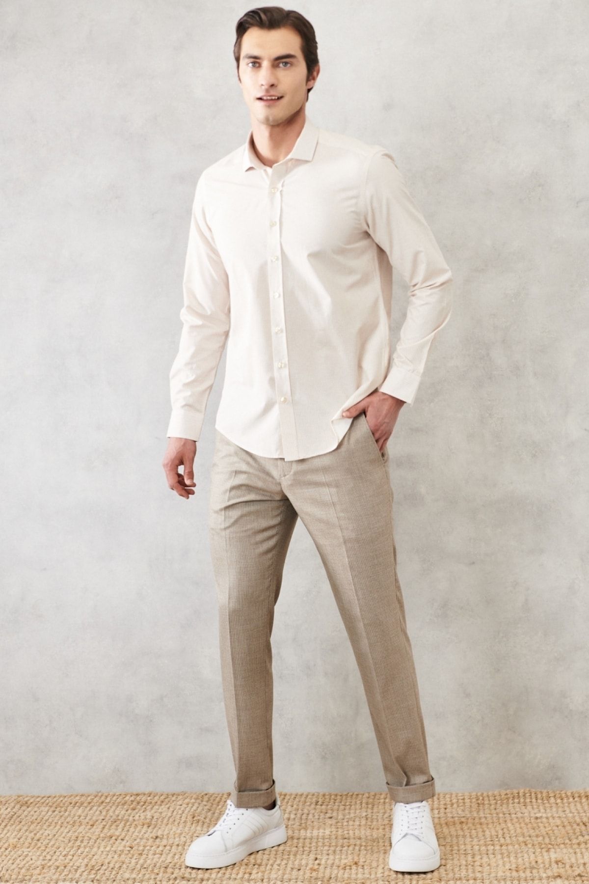 AC&Co / Altınyıldız Classics Erkek Beyaz-bej Slim Fit Dar Kesim Italyan Yaka Baskılı Gömlek