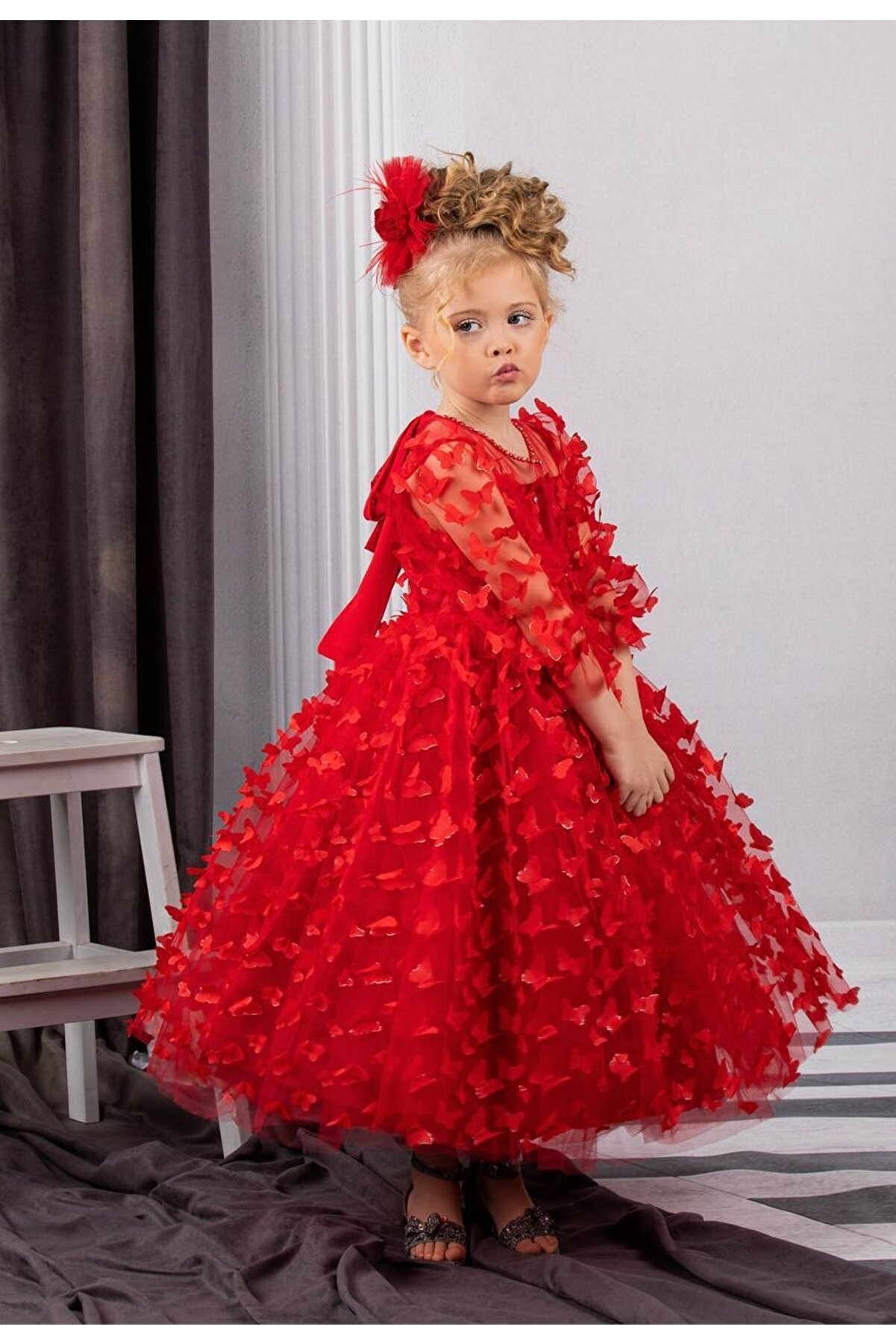 Sare Çocuk Giyim 3 Boyutlu Kelebek Detaylı Kız Çocuk Abiye Elbise + Toka