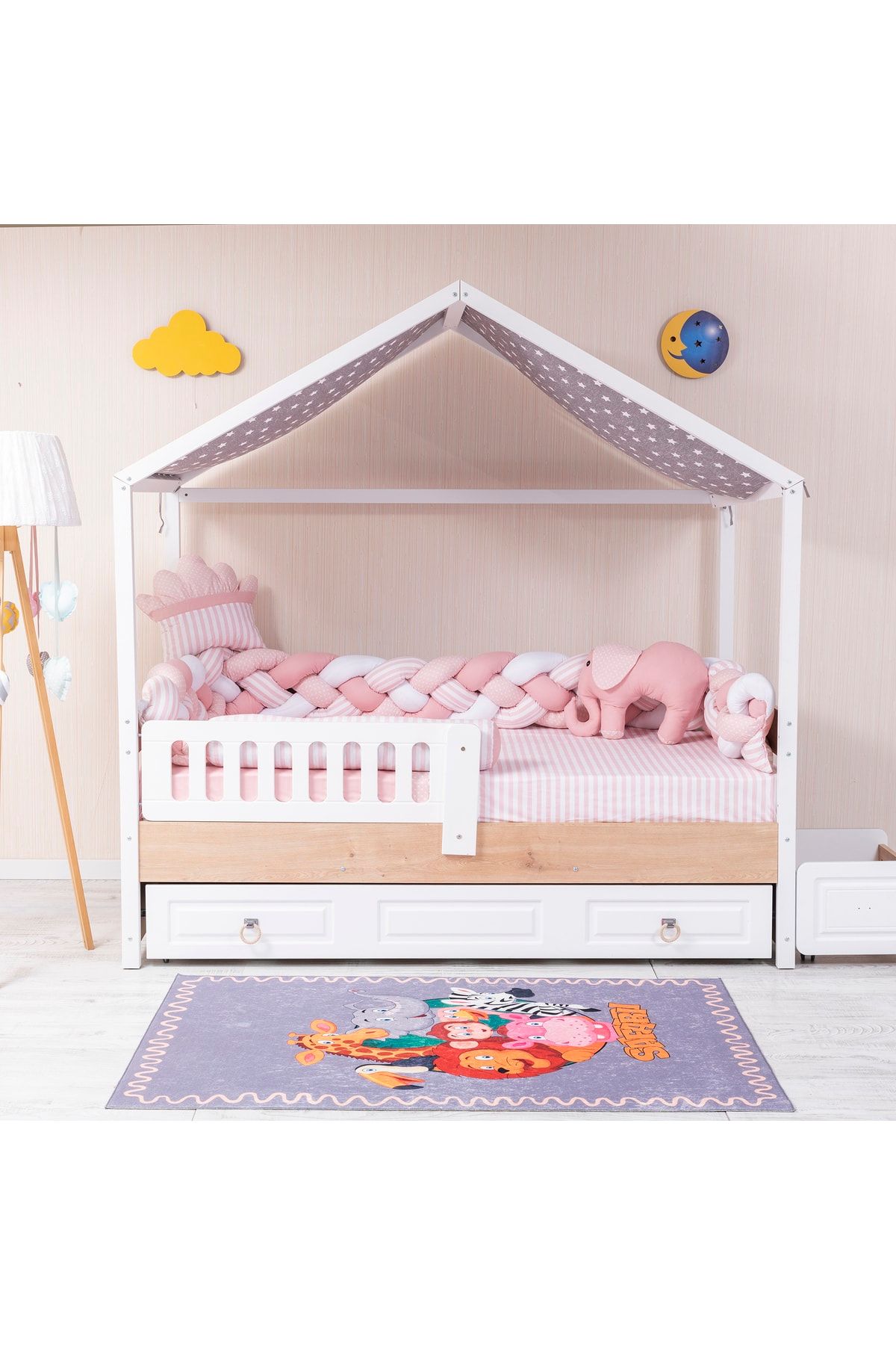 Mini Baby Minibaby Pembe Filli 3’lü Örgü Montessori Bebek Çocuk Uyku Seti 90x190-100x200