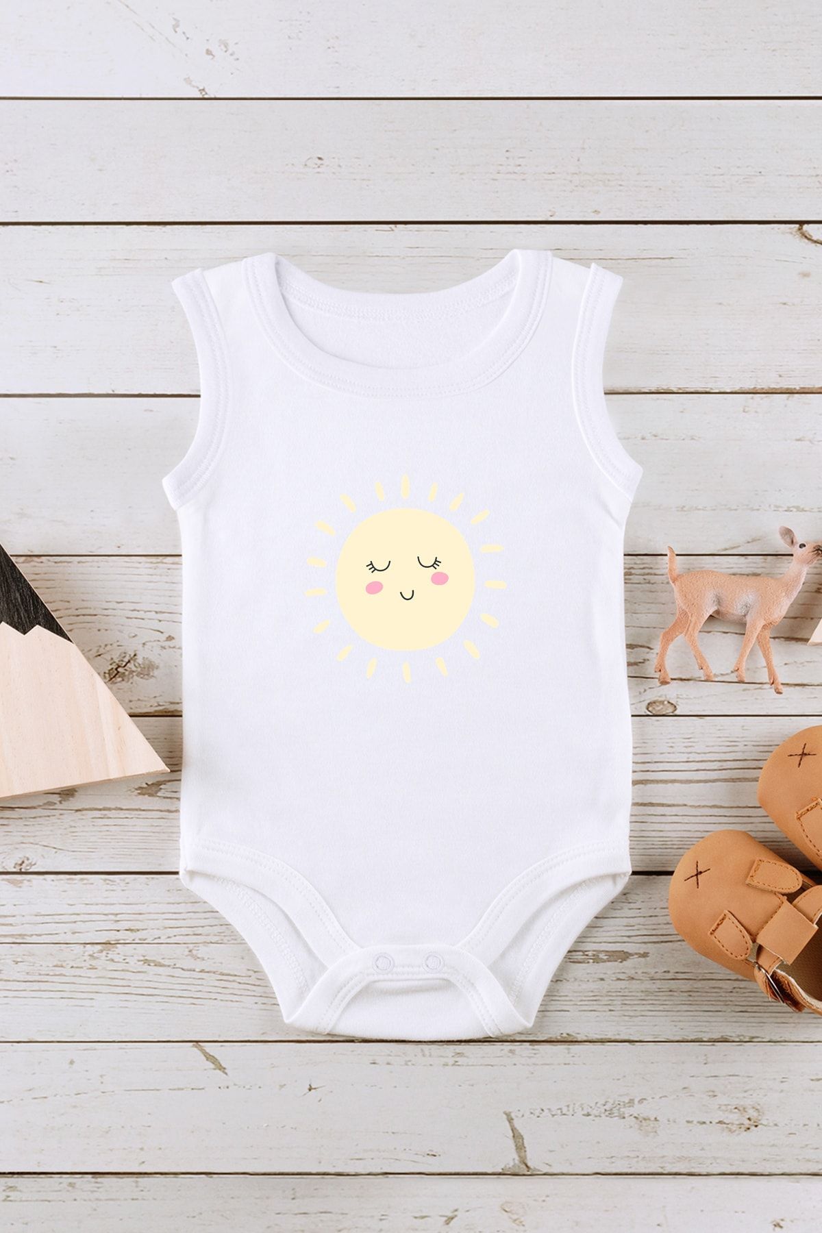 Kio Tasarım Gülümseyen Sevimli Güneş Baskılı Bebek Body Zıbın Kolsuz Atlet Çıt Çıtlı Badi %100 Pamuk
