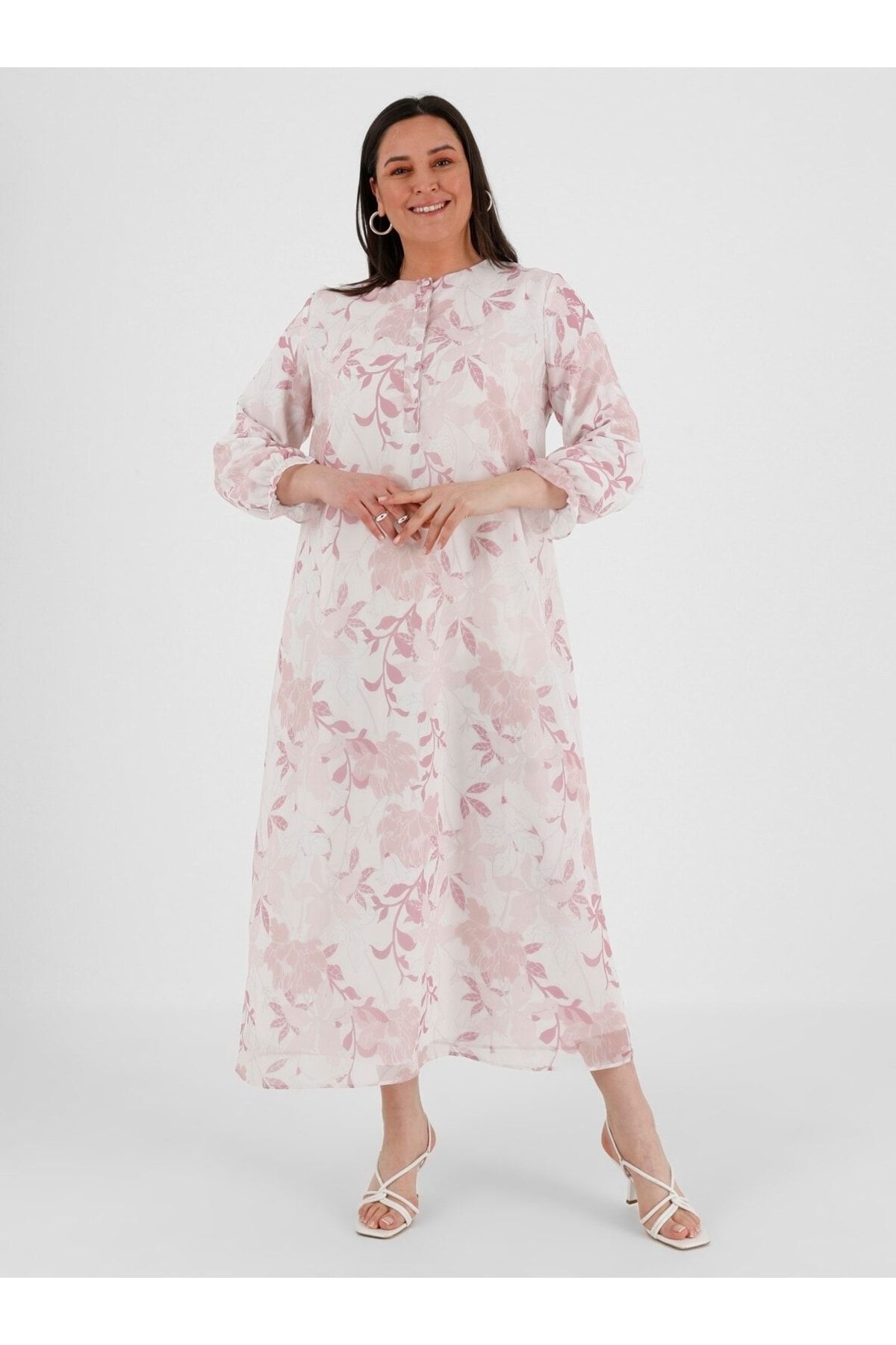 Alia Büyük Beden Çiçek Desenli Şifon Elbise - Gül Kurusu Ekru -