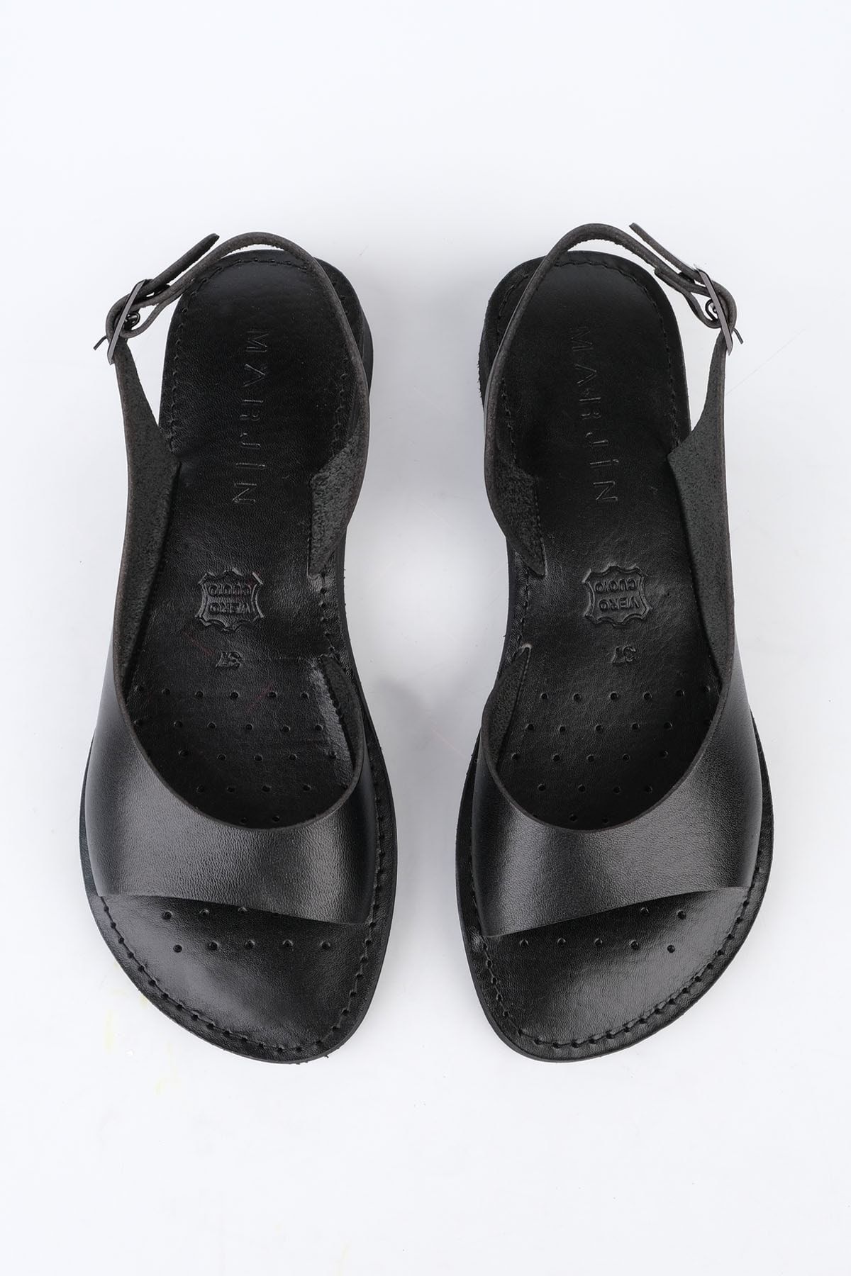 Marjin Kadın Hakiki Deri Düz Günlük Sandalet Danis Siyah