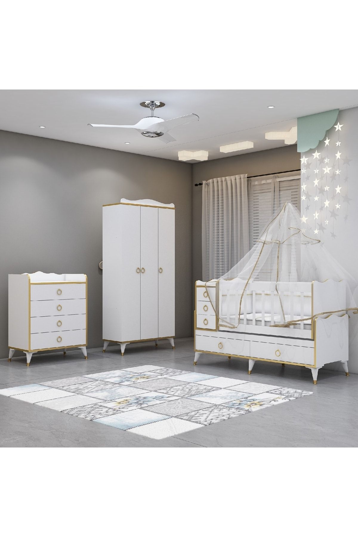 Garaj Home Alya Gold Yıldız 3 Şifonyer Bebek Odası- Yatak Uyku Seti Kombinli-uyku Seti-krem