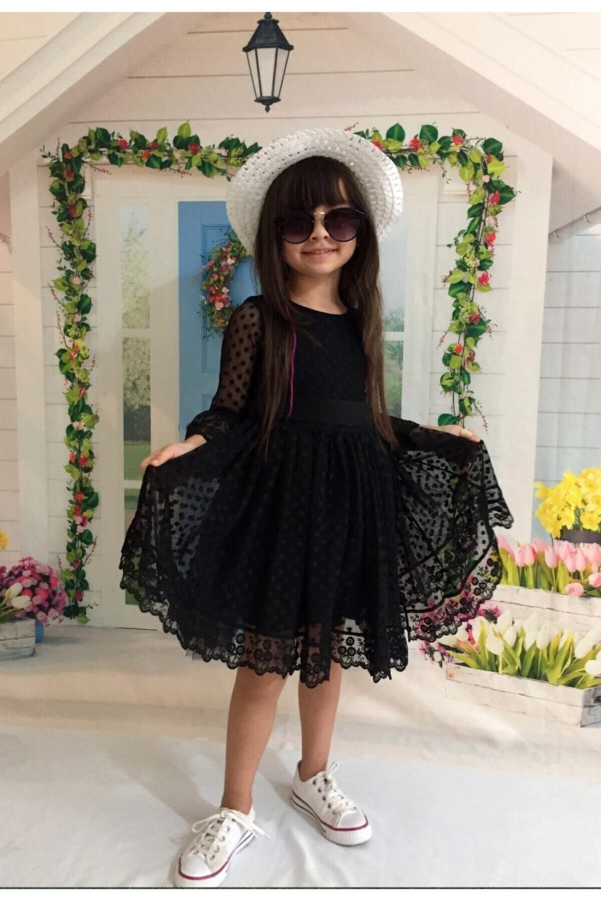 miço kids life Kız Çoçuk Siyah Şapkalı Güpürlü Prenses Model Elbise