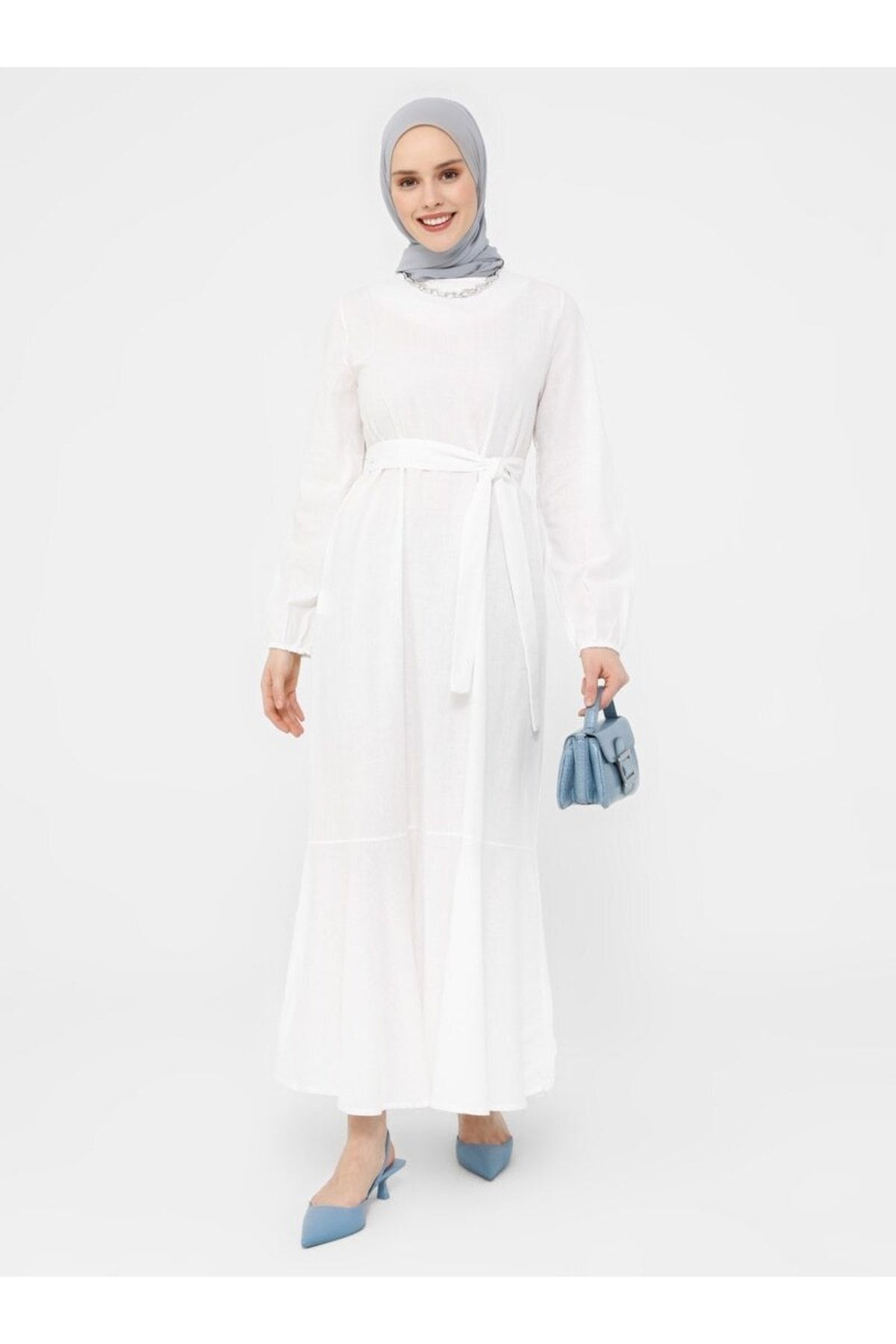 Refka Eteği Volanlı Kuşaklı Elbise - Off White - Casual