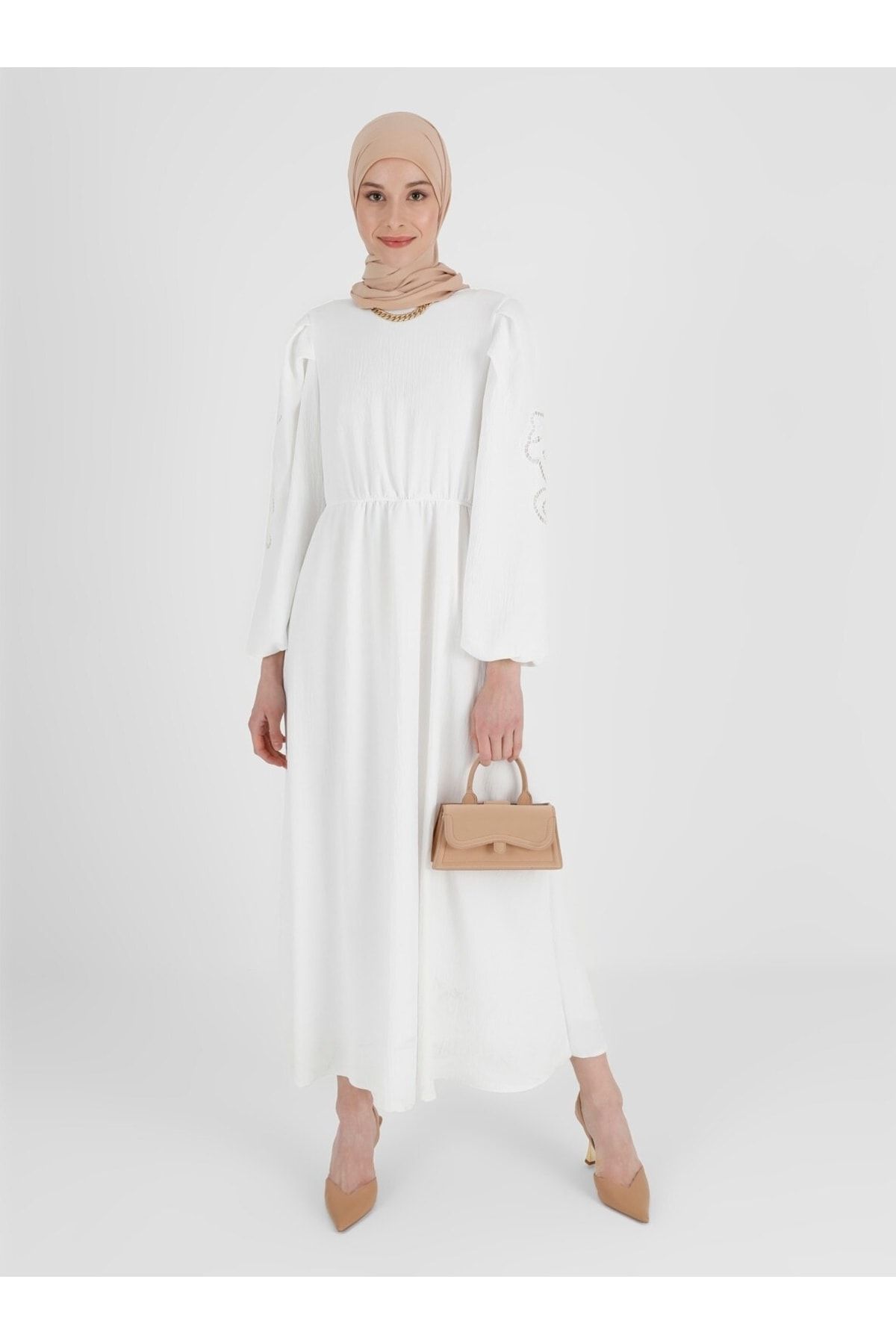 Refka Kolları Nakışlı Balon Kollu Elbise - Off White - Woman