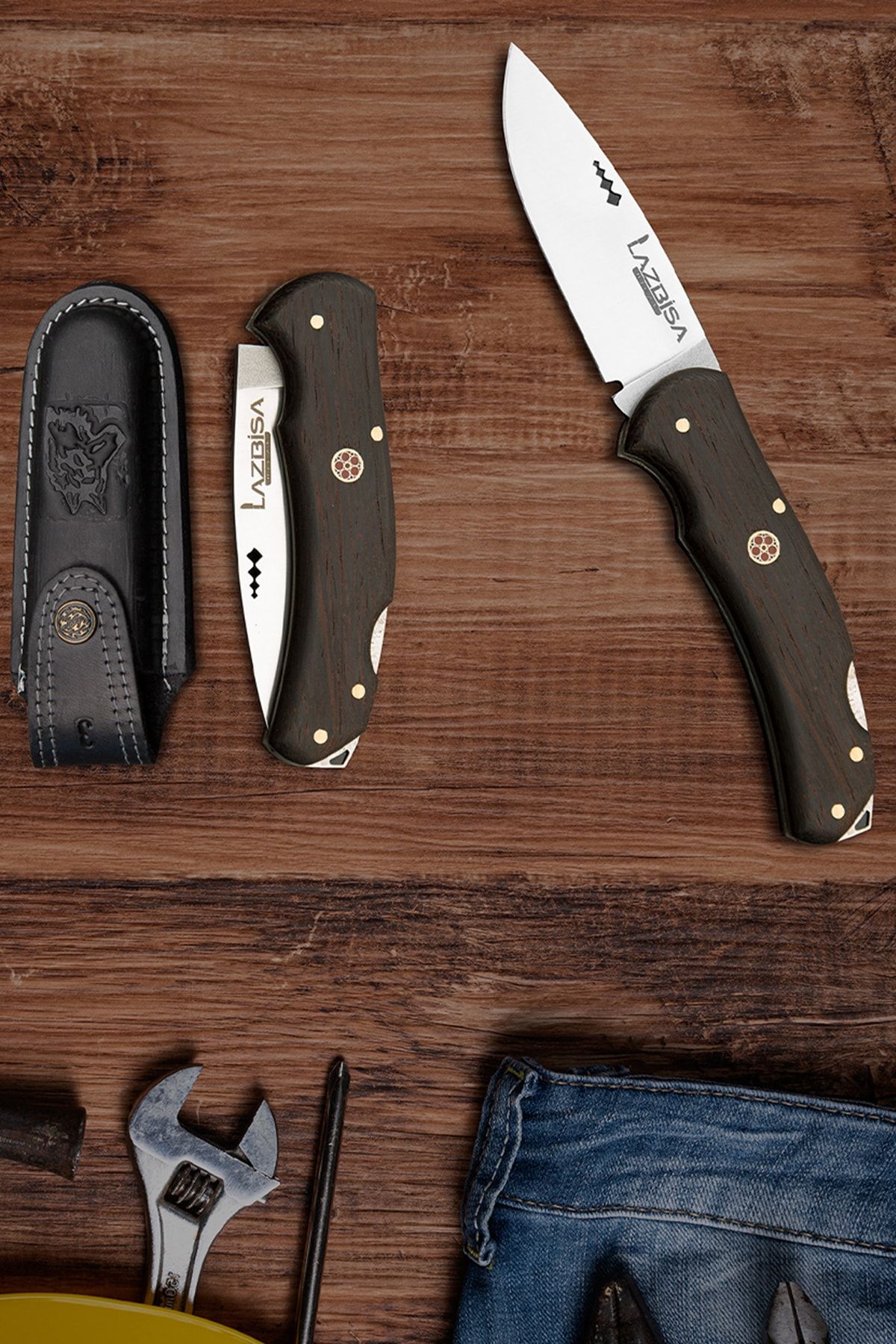 LAZBİSA Mutfak Bıçak Çakı Kamp Bıçağı Outdoor Bıçak Kılıf Hediyeli El Yapımı ( 21 Cm )