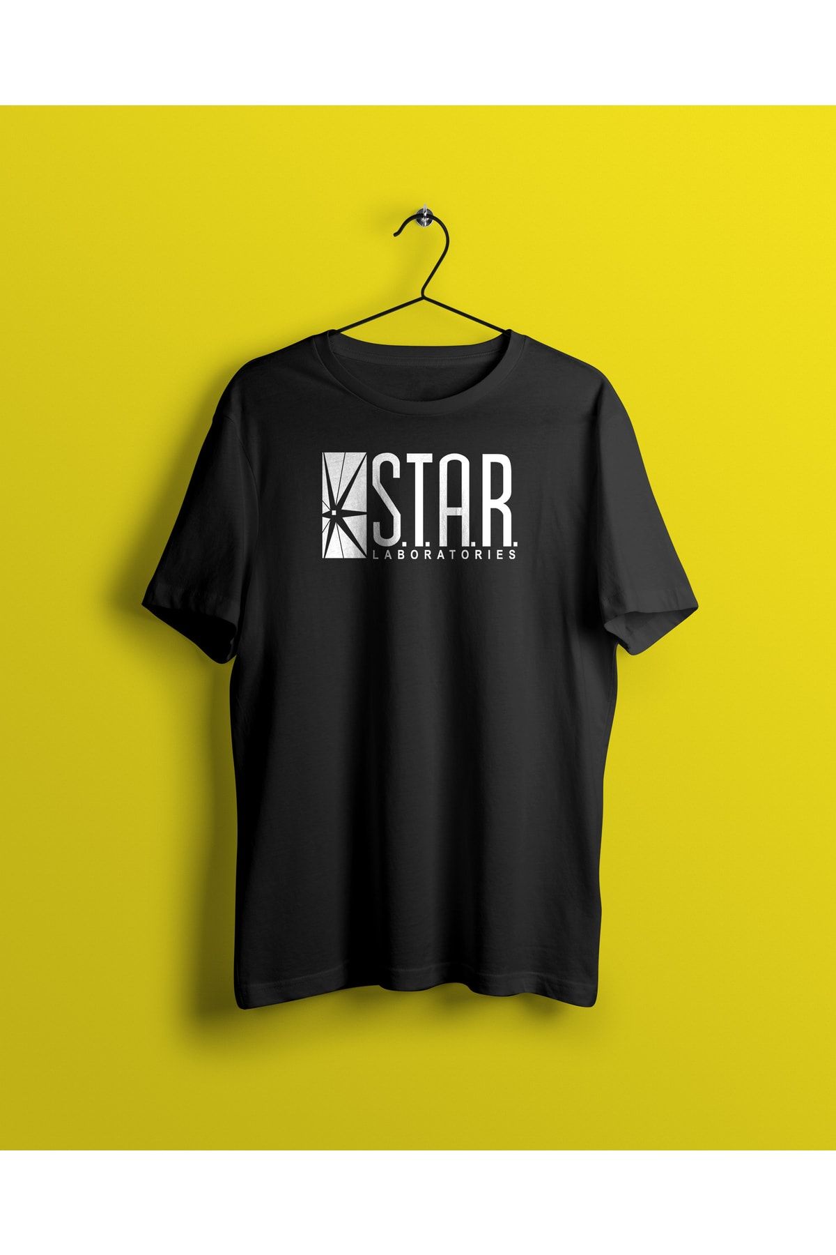 YEACHY Unisex Siyah The Flash Star Laboratories Baskılı T-shirt