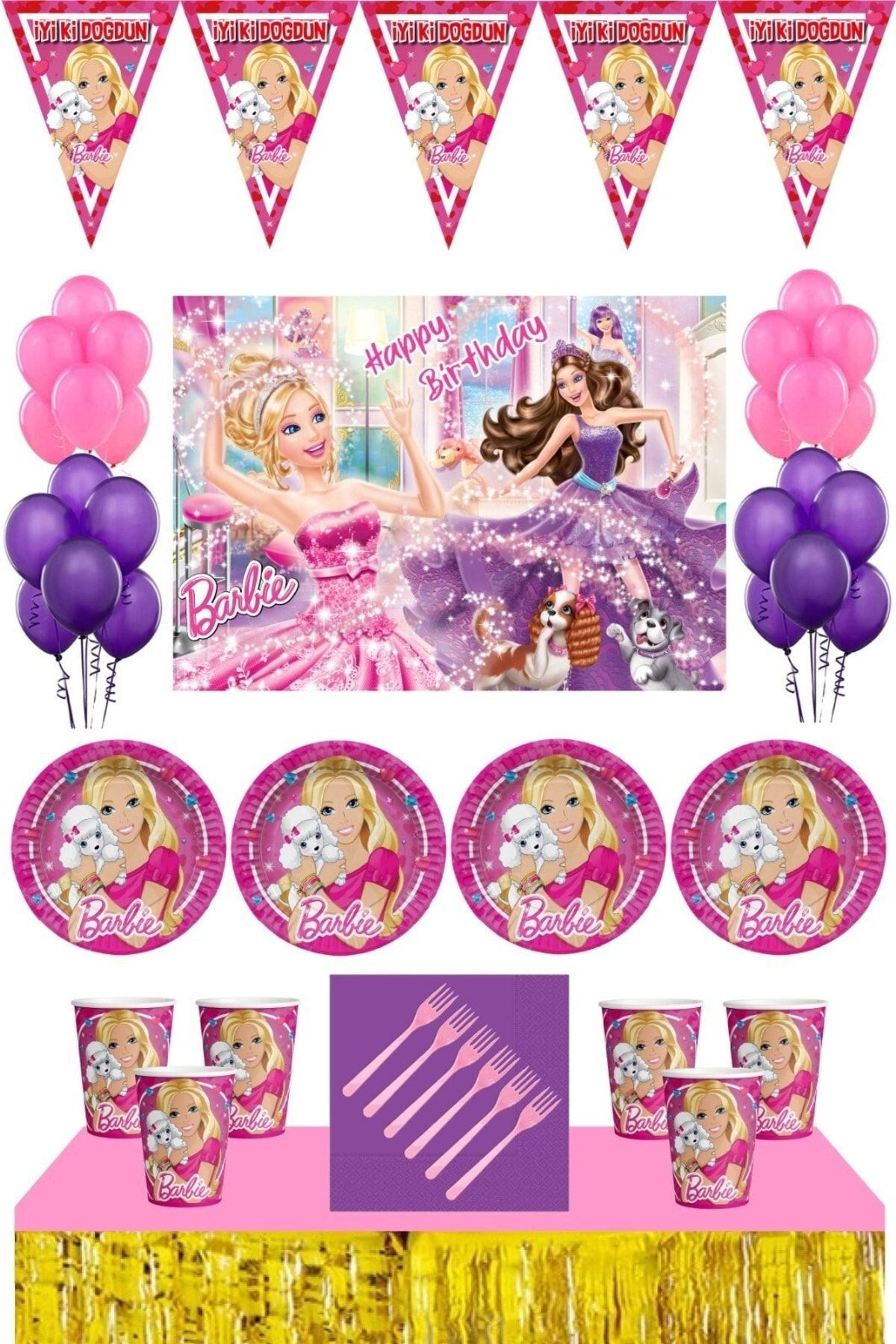 Barbie Doğum Günü 24 Kişilik 70x100 Cm Afişli Parti Malzemeleri Seti Masa Etekli