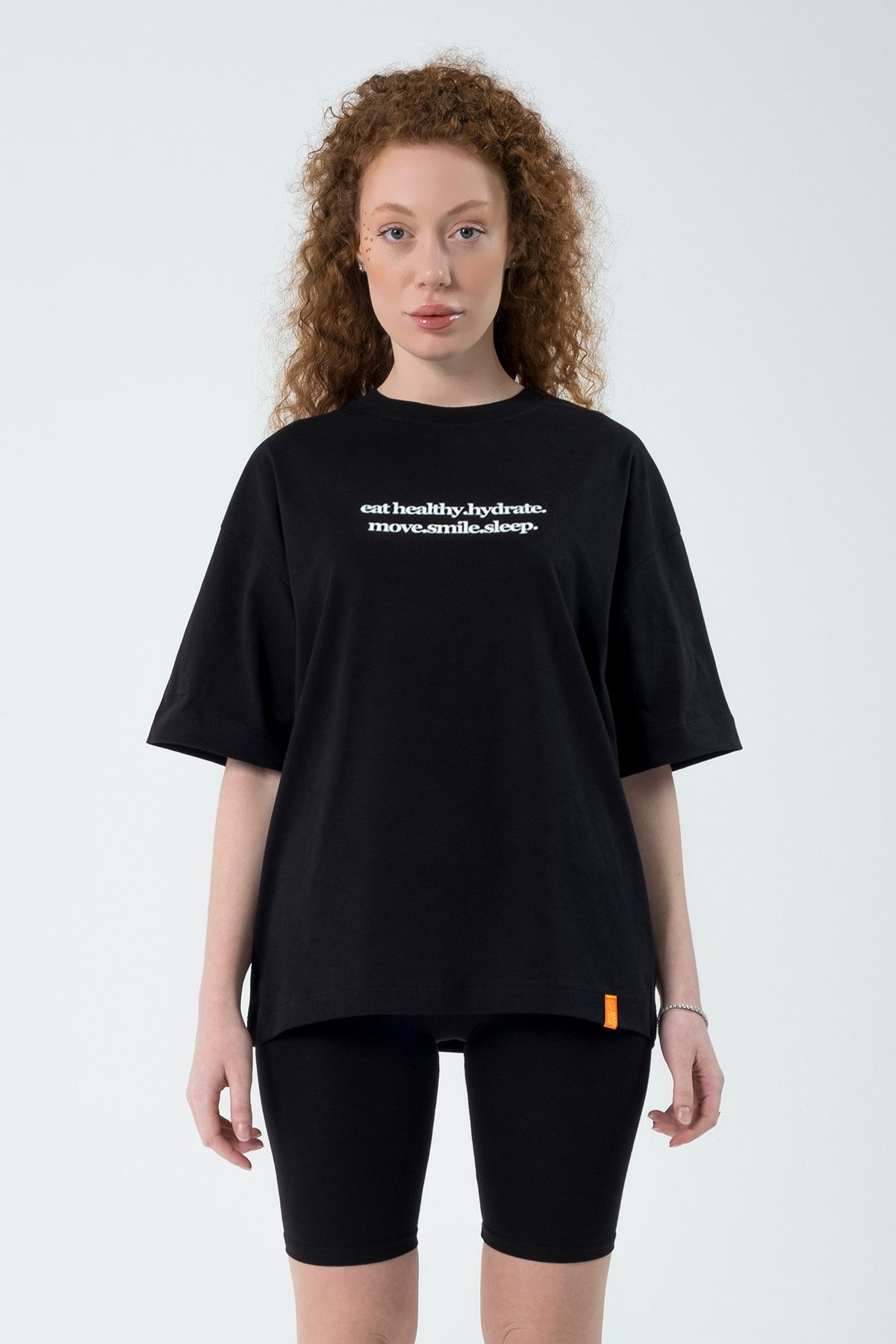 Eazy Co Eazy Siyah Eat Healthy Unisex Extra Oversize Baskılı Kısa Kollu T-shirt