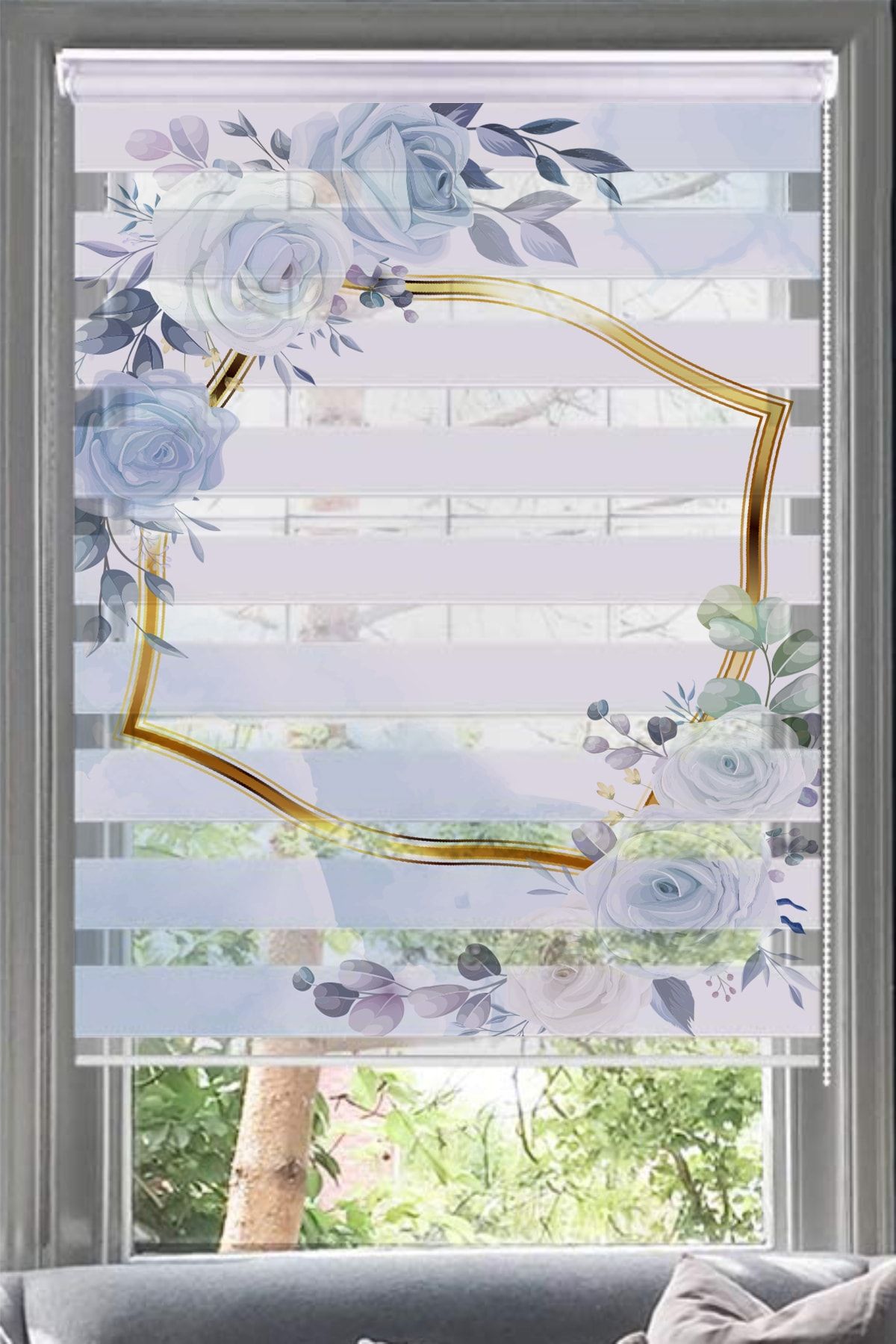 Lotus Soft Mavi Çiçek Desenli Zebra Perde-salon- Mutfak-oturma Odası-128