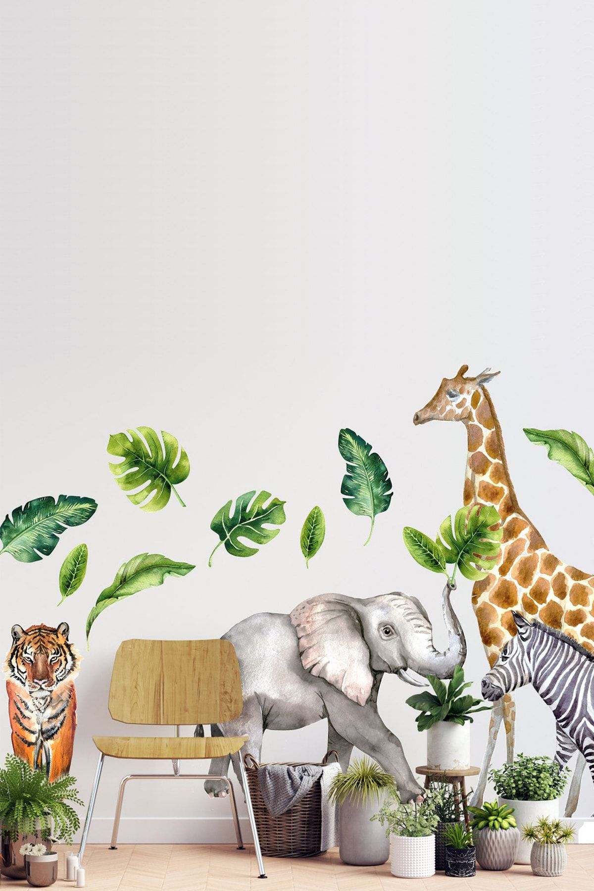 KT Decor Tropikal Safari Kaplan Fil Zürafa Zebra Duvar Sticker Seti