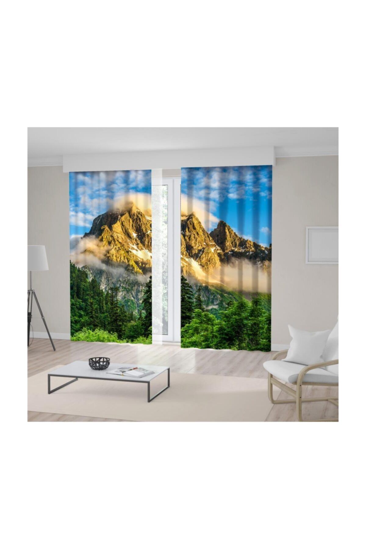 Henge Home Doğa Manzaralı Dağ Gökyüzü Orman Deseni Fon Perde