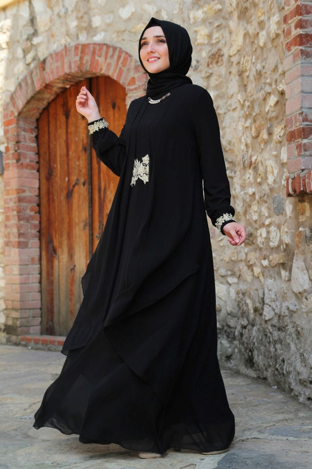Feiza Collection Dantel Detaylı Siyah Tesettür Abiye Elbise