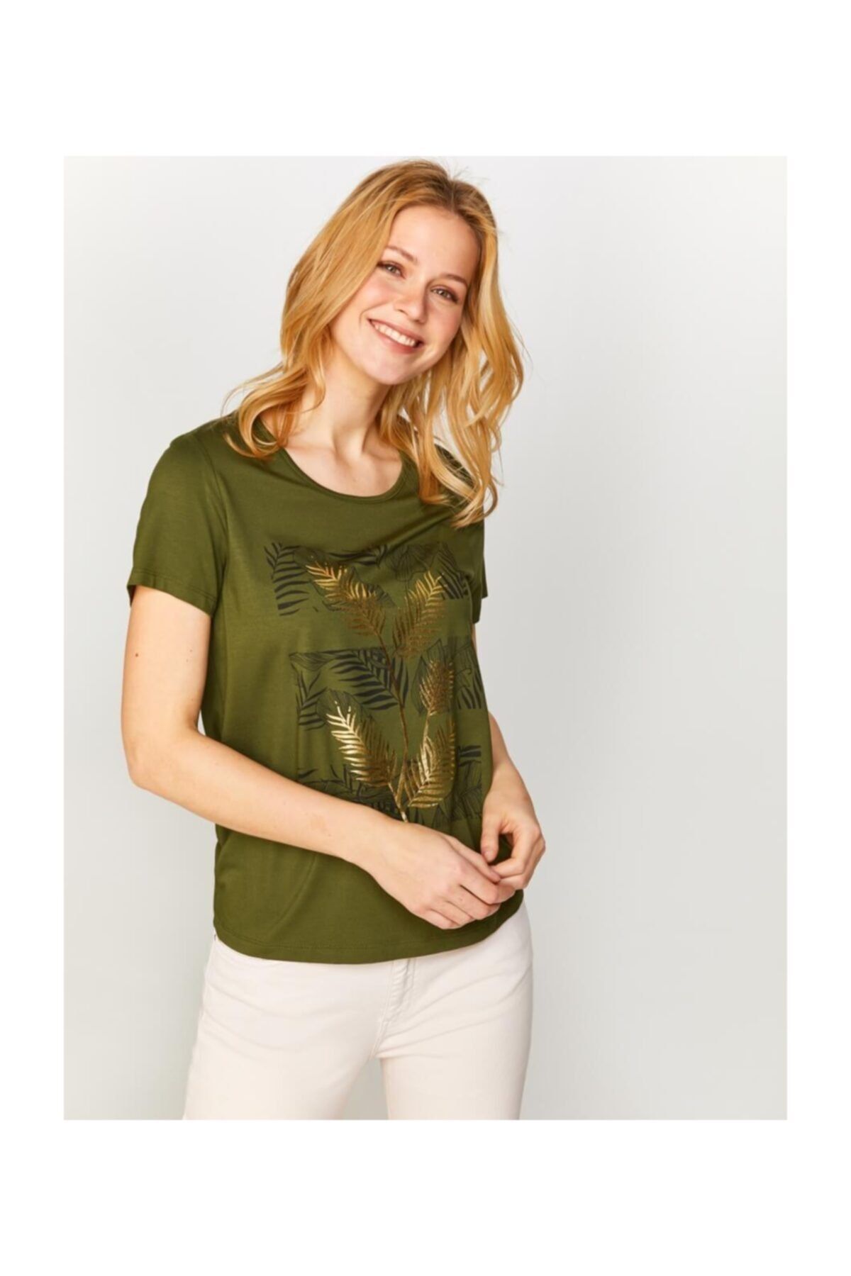 Faik Sönmez Kadın Önü Tropik Baskılı T-shirt 60645