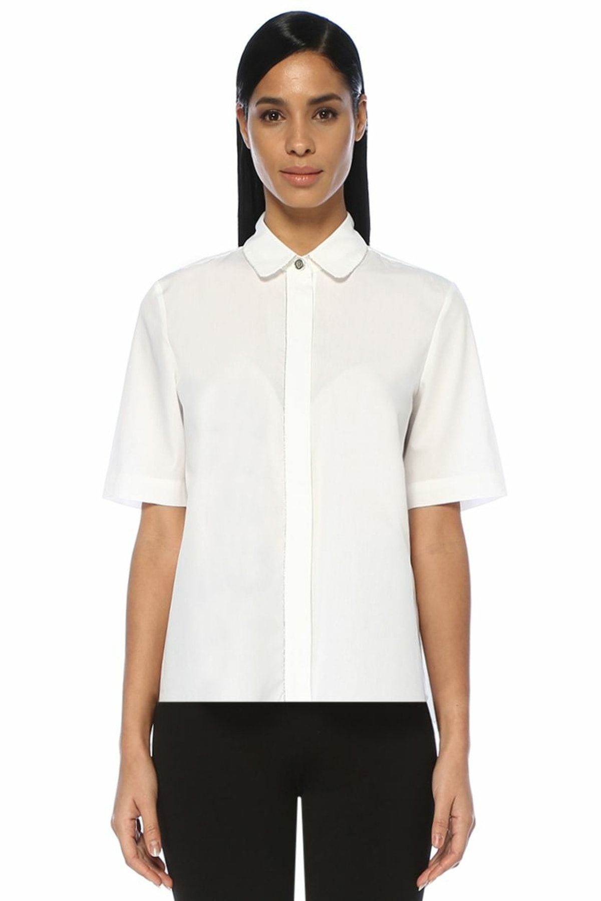 Beymen Club Beyaz Zincir Şerit Detaylı Kısa Kol Gömlek