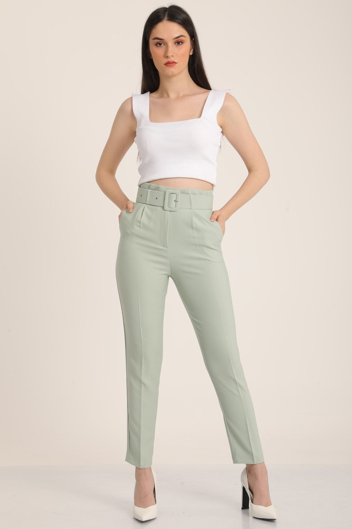 MD trend Kadın Mint Yeşil Kemerli Yüksek Bel Kumaş Pantolon Mdt5032