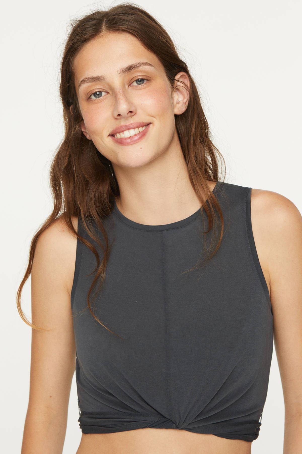 Oysho Kadın Gri Düğümlü Şerit Detaylı Modal Crop Tişört