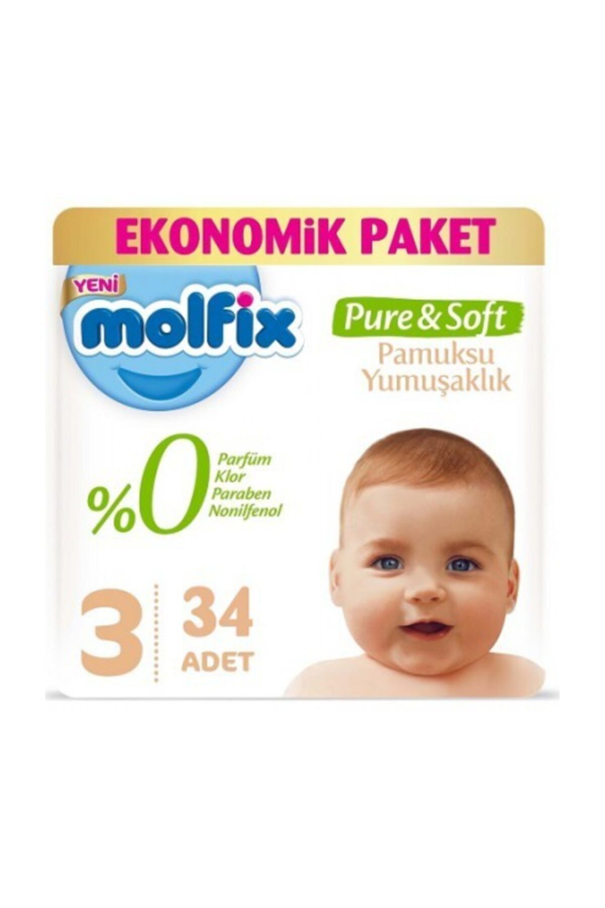 Molfix Pure & Soft Bebek Bezi Ekonomik Paket 3 Beden Midi 34 Adet