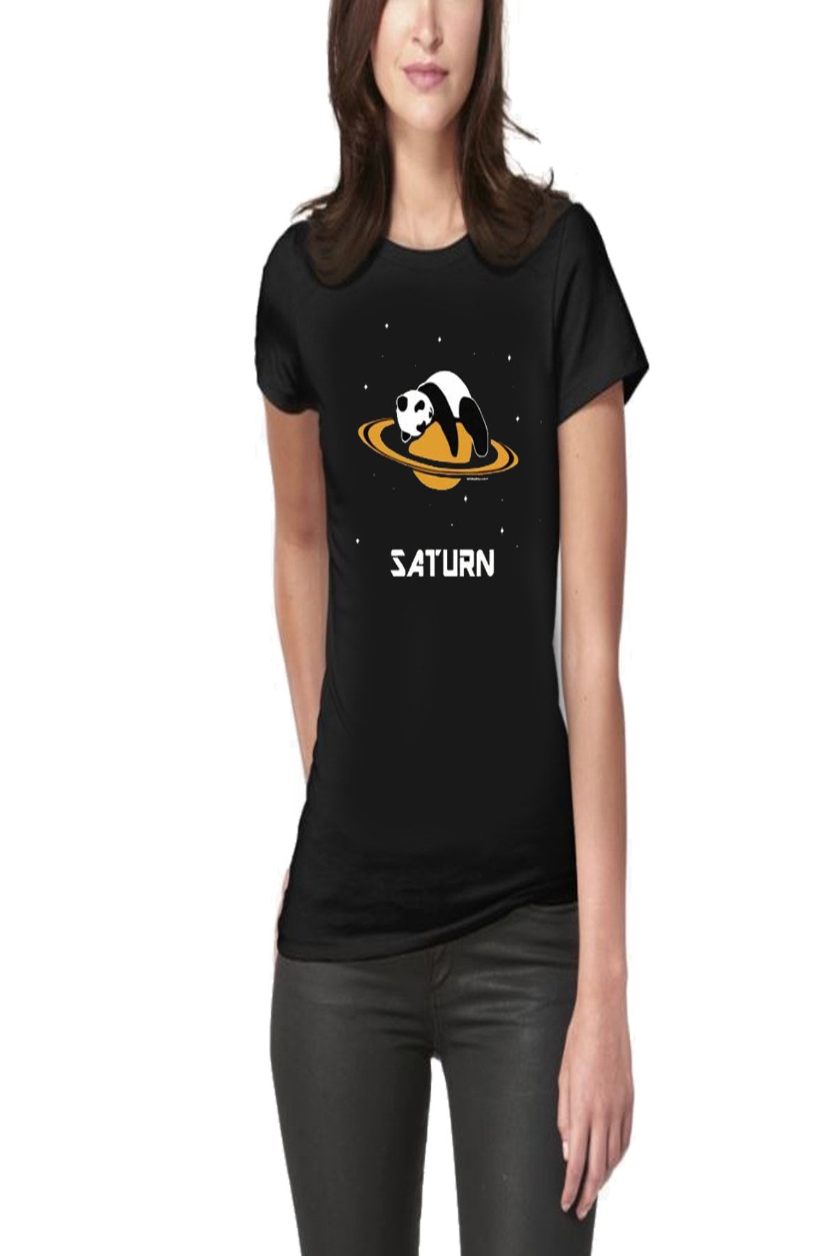 Art T-Shirt Panda Saturn Baskılı Tasarım Kadın Tişört