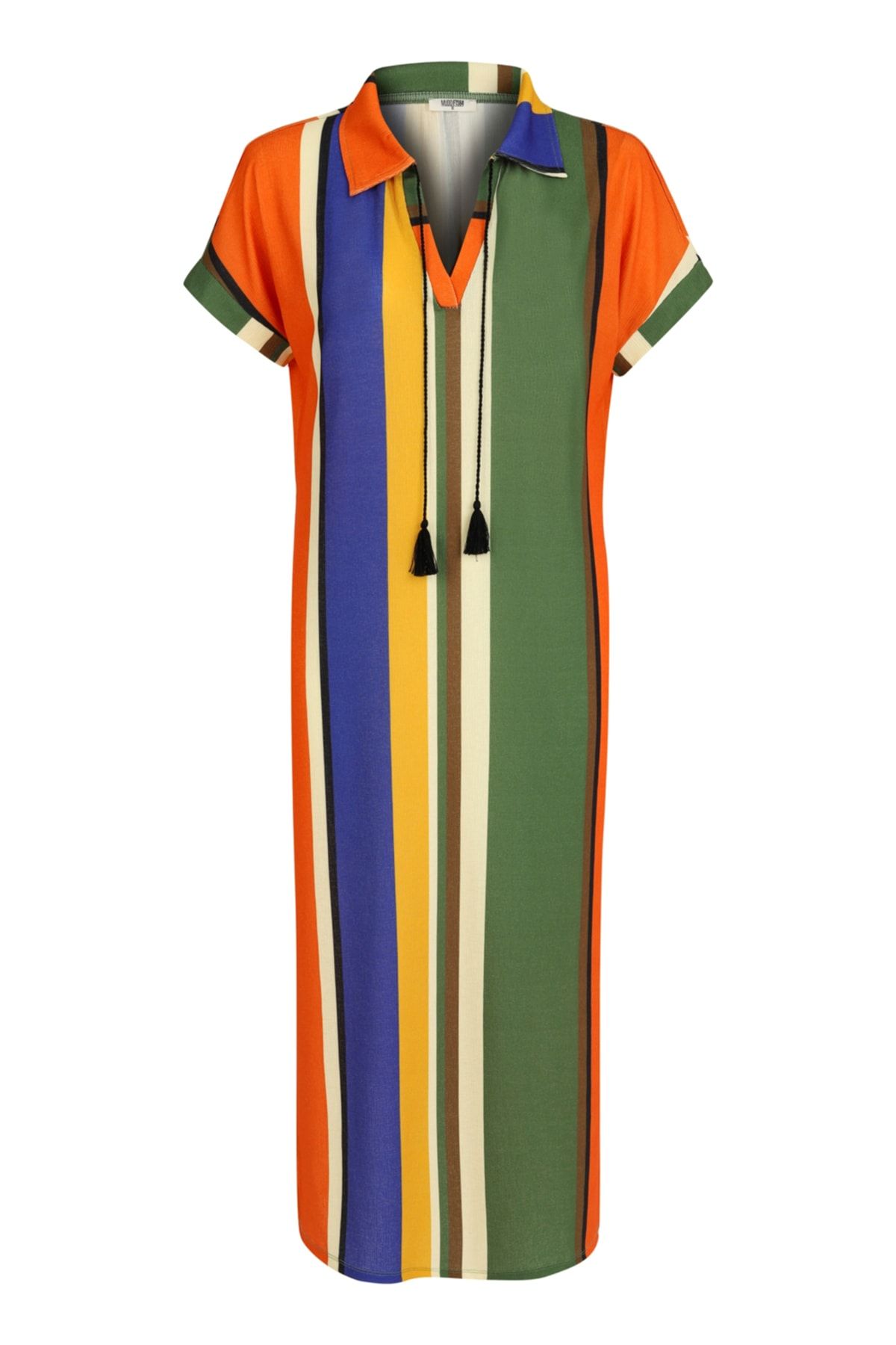 Mudo Kadın Multi Renk Polo Yaka Renkli Çizgili Maxı Elbise 383631