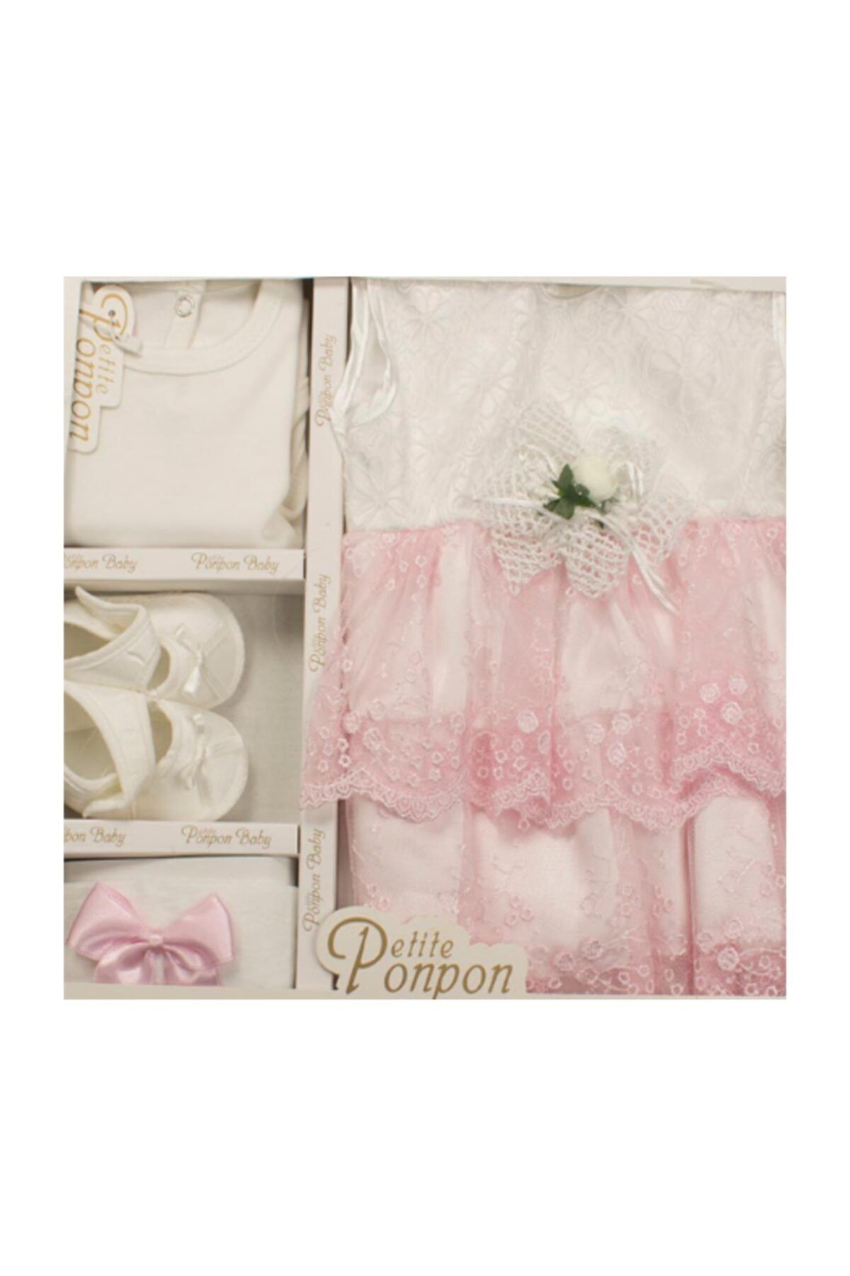 Peite Ponpon Baby Ponpon Kız Elbise Seti Yeni Doğan - Hastane Çıkışı Ve Mevlütlük Takım ( 0-6 Ay)