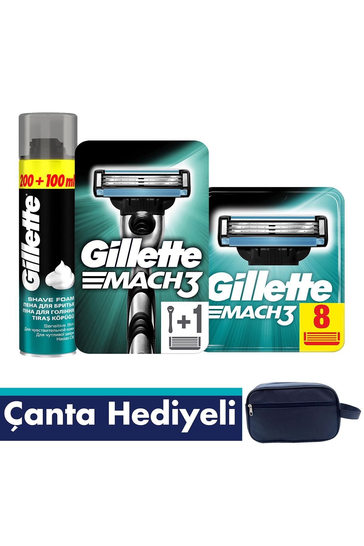 Gillette Mach3 Tıraş Makinesi + Yedek Bıçak 8'li + Köpük 300 ml + Çanta