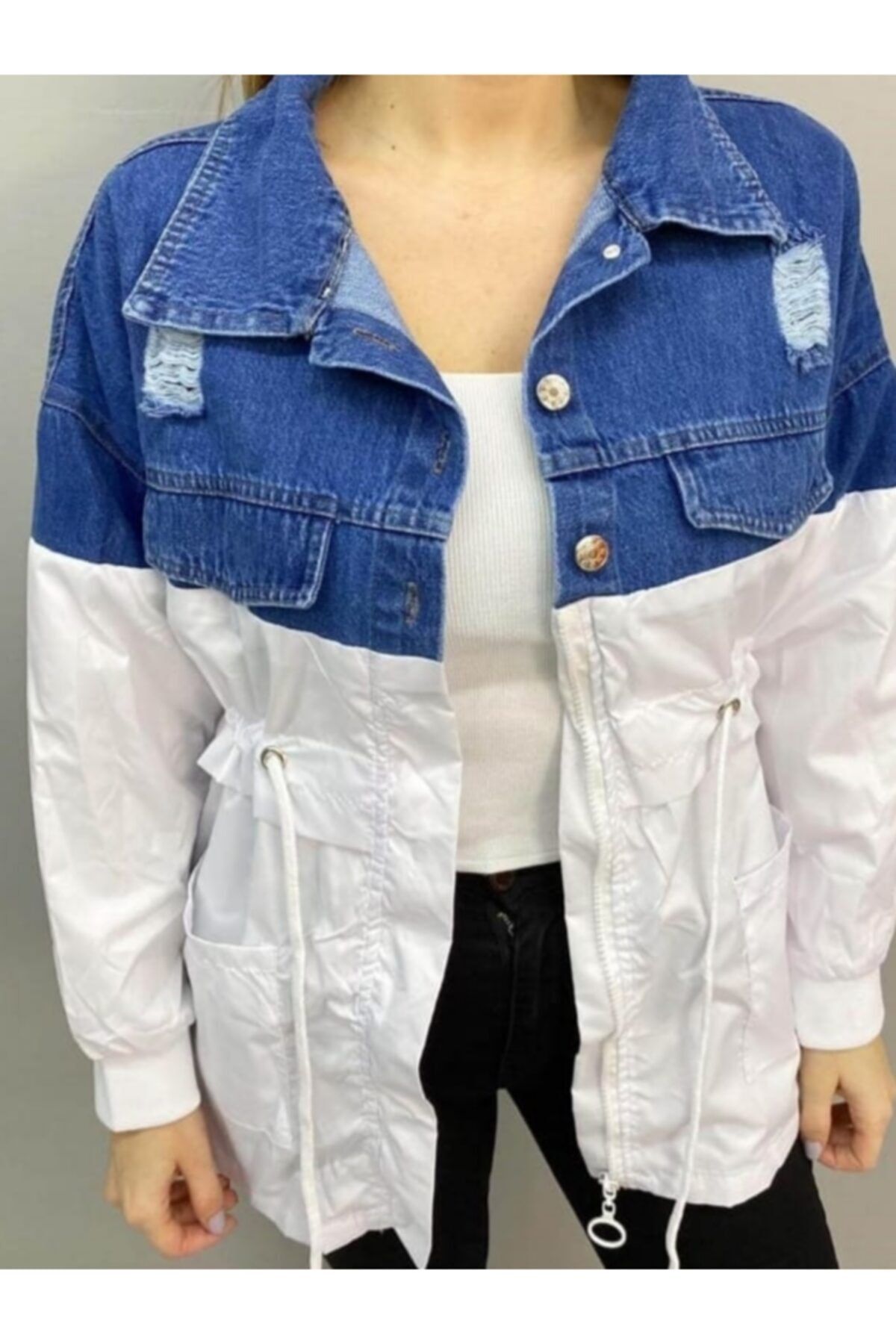 Hepsibitarz Kadın Mavi Beyaz Kot Jeans Denim Oversize Mevsimlik Spor Şık Beli Lastikli Kadın Trenç Kot Ceket
