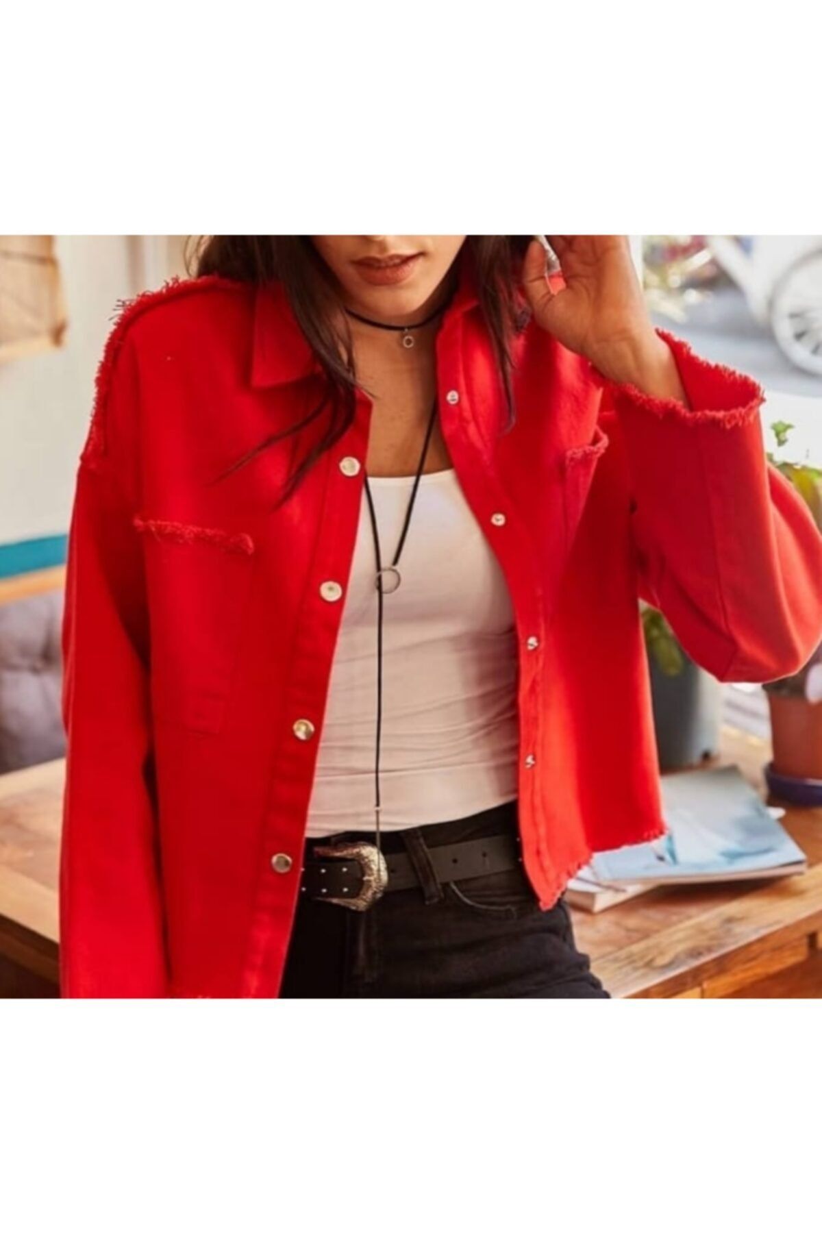 Hepsibitarz Kadın Kırmızı Jeans Denim Mevsimlik Oversize Kot Şık YazılıKadınKısa Ceket