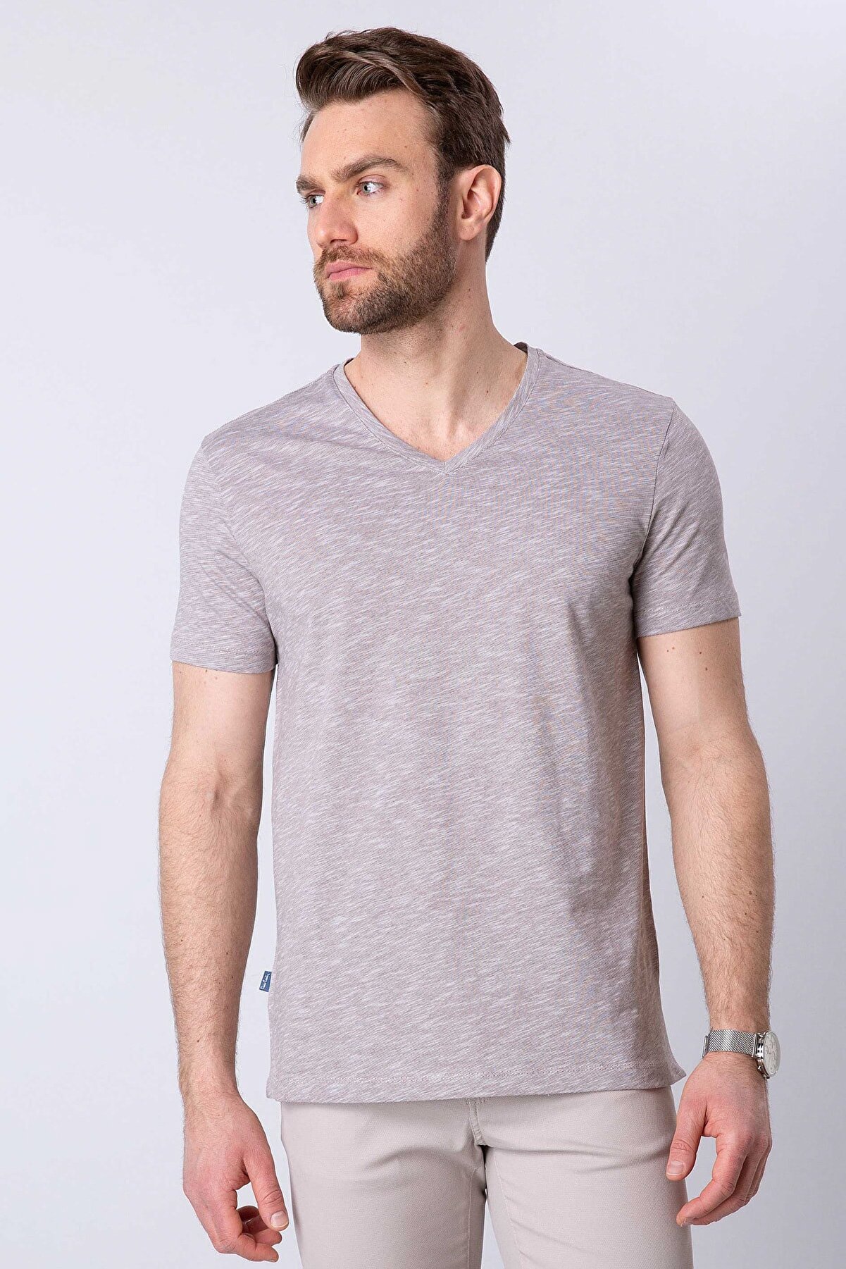 Pierre Cardin Erkek Vizon Slim Fit V Yaka T-Shirt