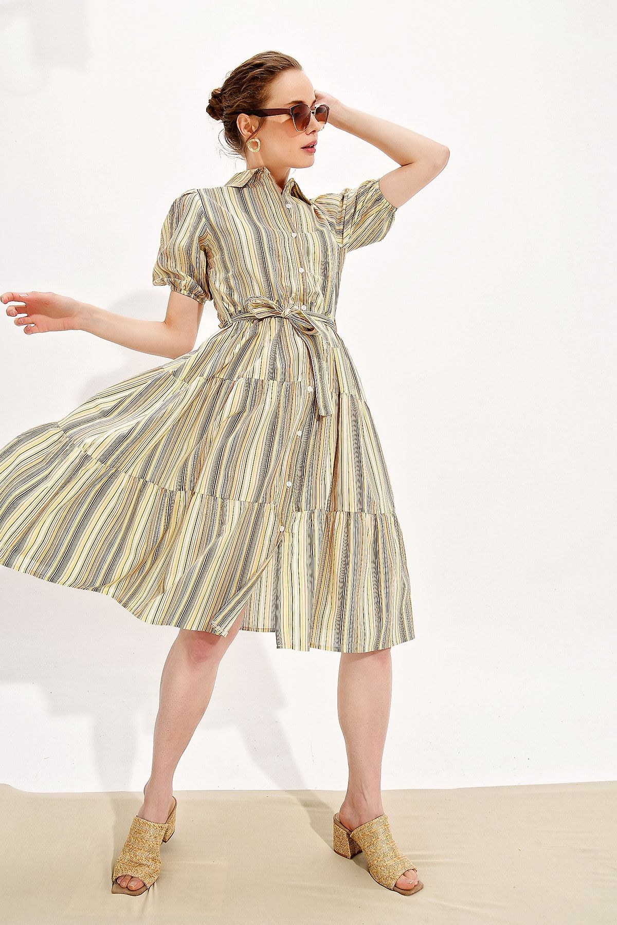Trend Alaçatı Stili Kadın Haki-Çizgili Büzgülü Desenli Gömlek Elbise Dnz-3183