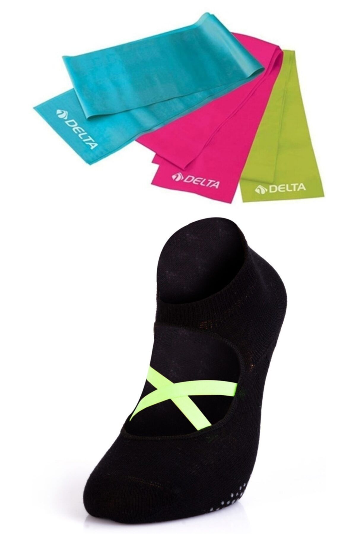 MURR 3'lü Delta Pilates Bandı Egzersiz Direnç Lastiği +Kaydırmaz Pilates Çorabı