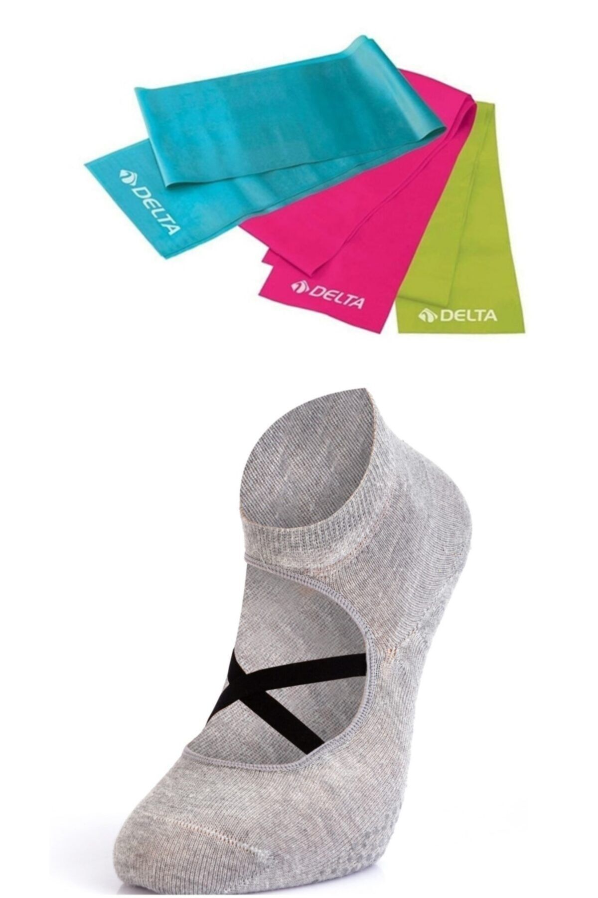 MURR 3'lü Delta Pilates Bandı Egzersiz Direnç Lastiği Ve Kaydırmaz Pilates Çorabı