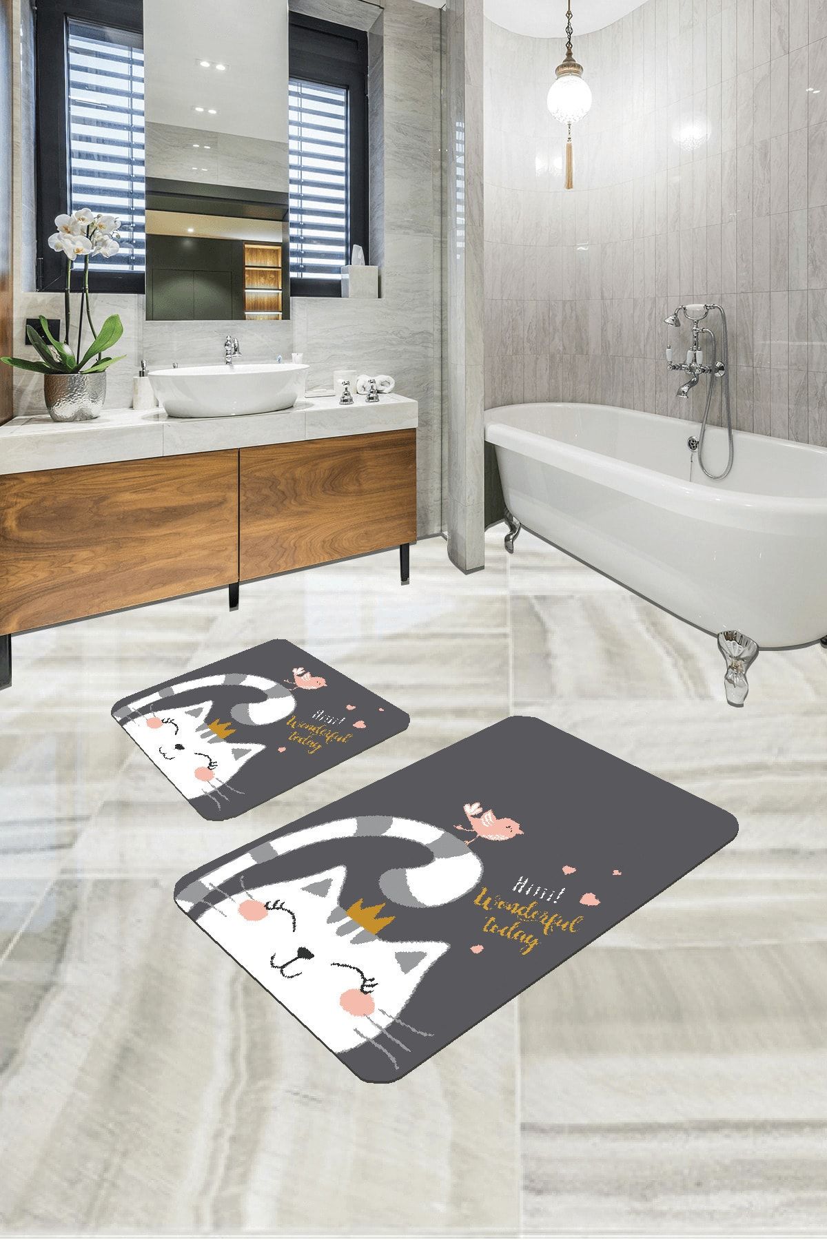 RugViva Dijital Banyo Halısı Klozet Takımı 2'li Paspas Seti Bs258 60x90cm + 60x60cm