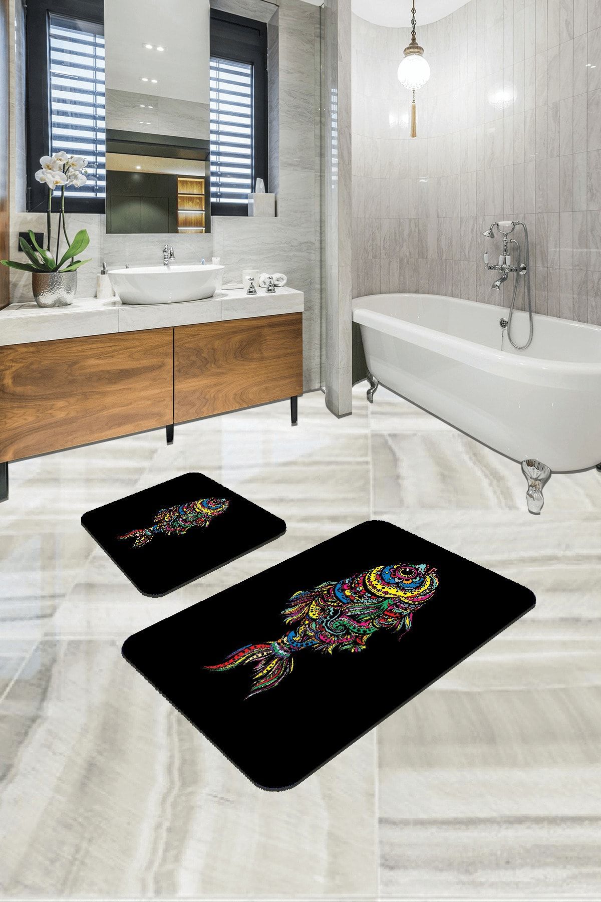 RugViva Dijital Banyo Halısı Klozet Takımı 2'li Paspas Seti Bs204 60x90cm + 60x60cm