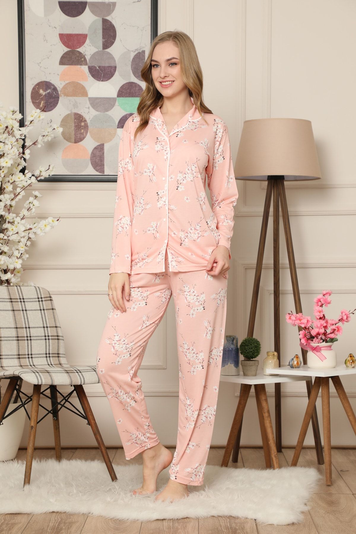 ARCAN Çiçek Desenli Önden Düğmeli Uzun Kollu Pijama Takımı