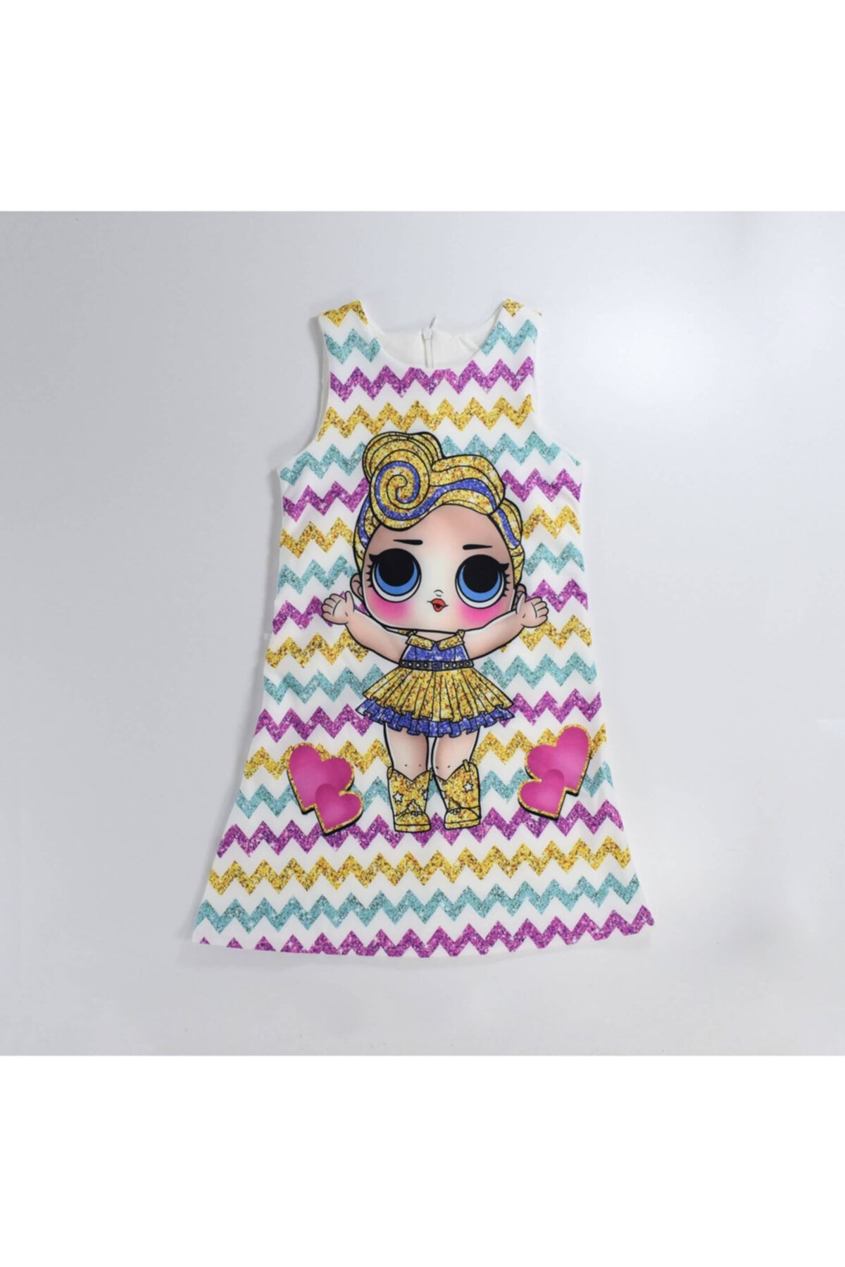 Mersevkids Kız Çocuk Sıfır Kol Lol Bebekli Renkli Elbise