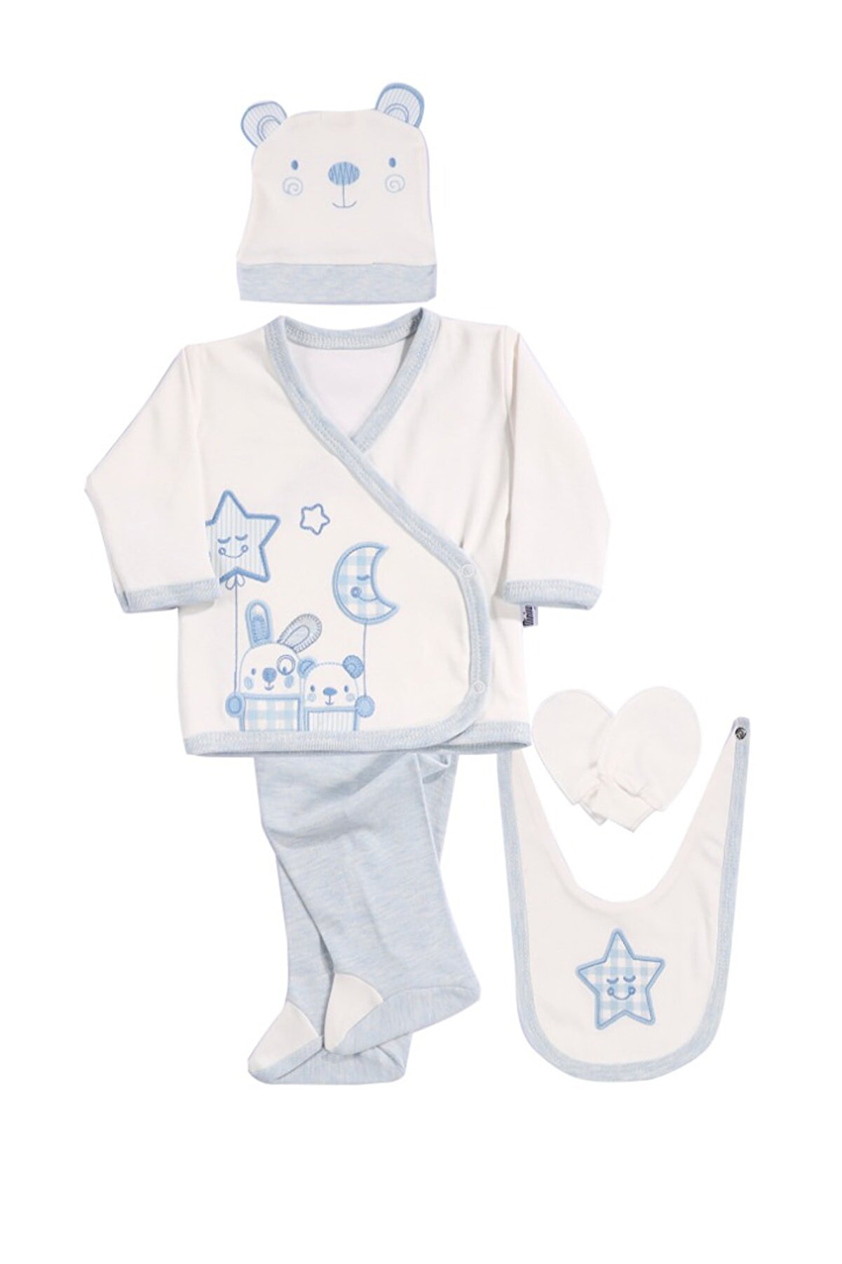 Kindo Baby Yıldızlı Aylı Nakışlı Erkek Bebek 5 Li Set Hastane Çıkışı Miniworld