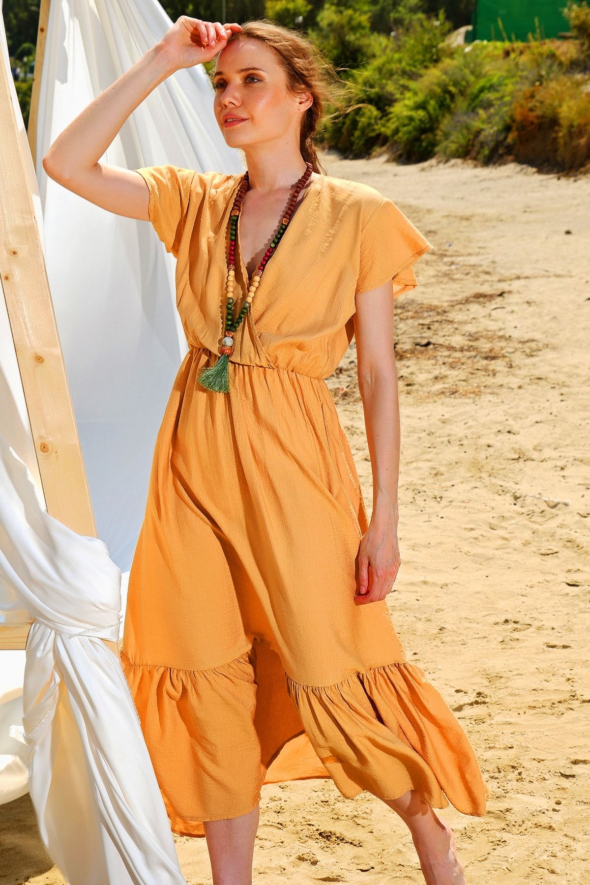 Trend Alaçatı Stili Kadın Camel Beli Lastikli Kruvaze Maxı Boy Elbise ALC-X4372