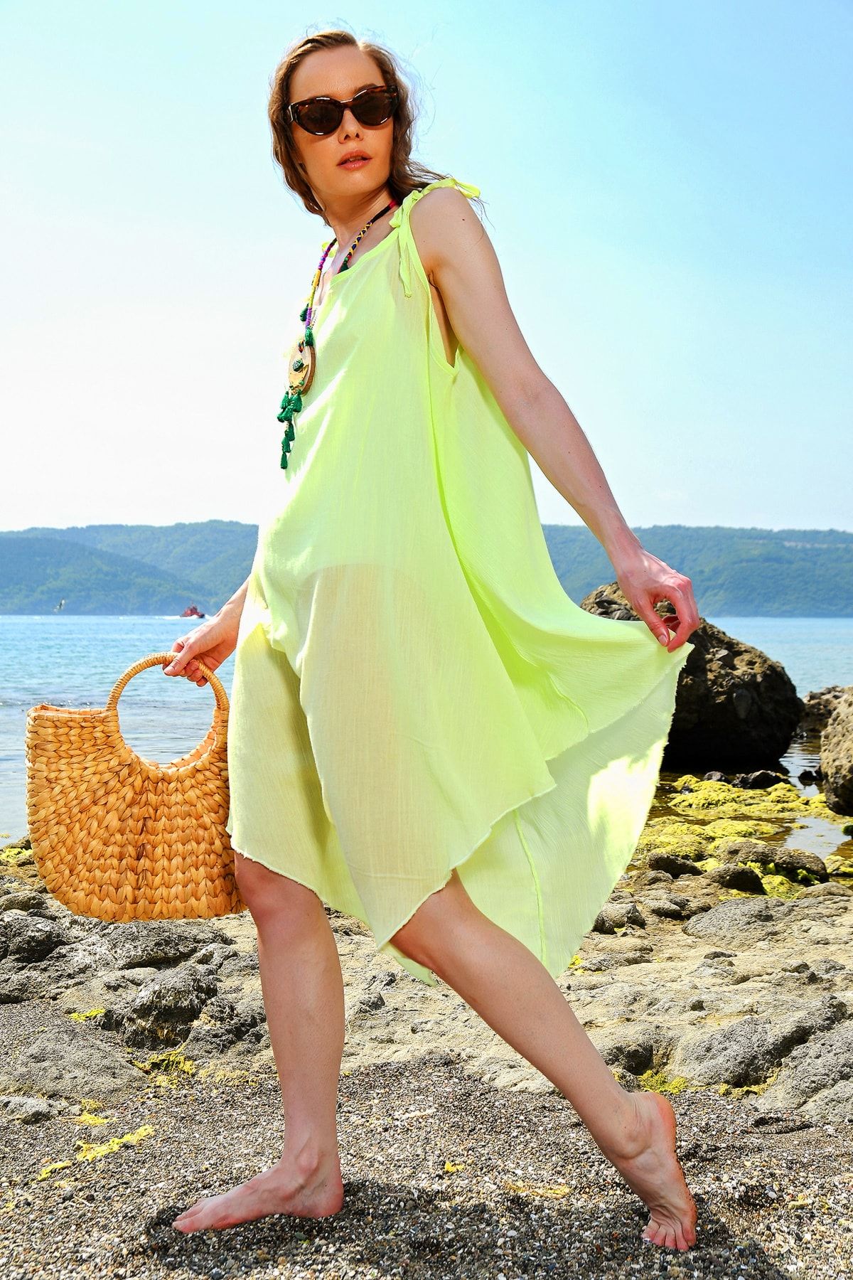 Trend Alaçatı Stili Kadın Yeşil İp Askılı Plaj Elbisesi ALC-015-214-PWX