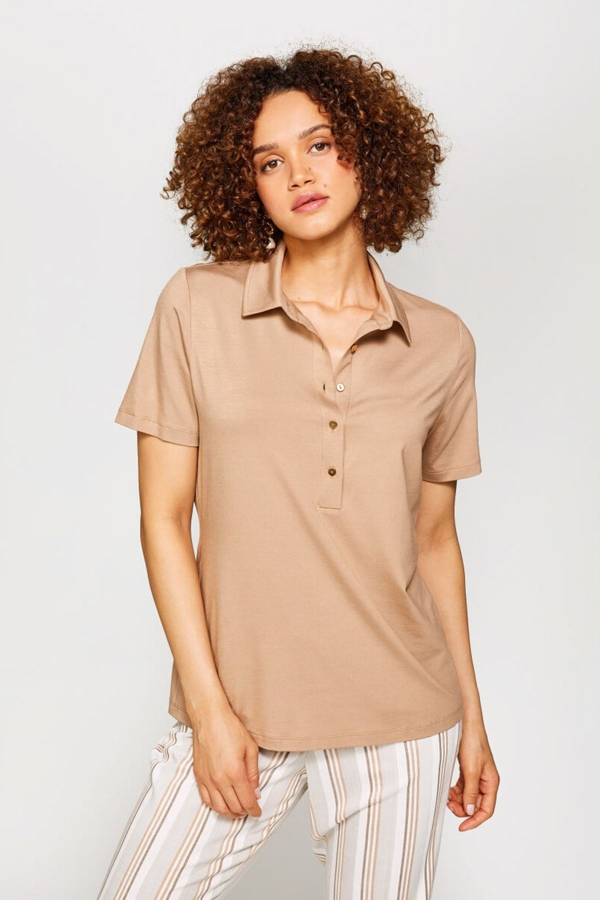 Faik Sönmez Kadın Camel Gömlek Yaka T-Shirt 60029 U60029