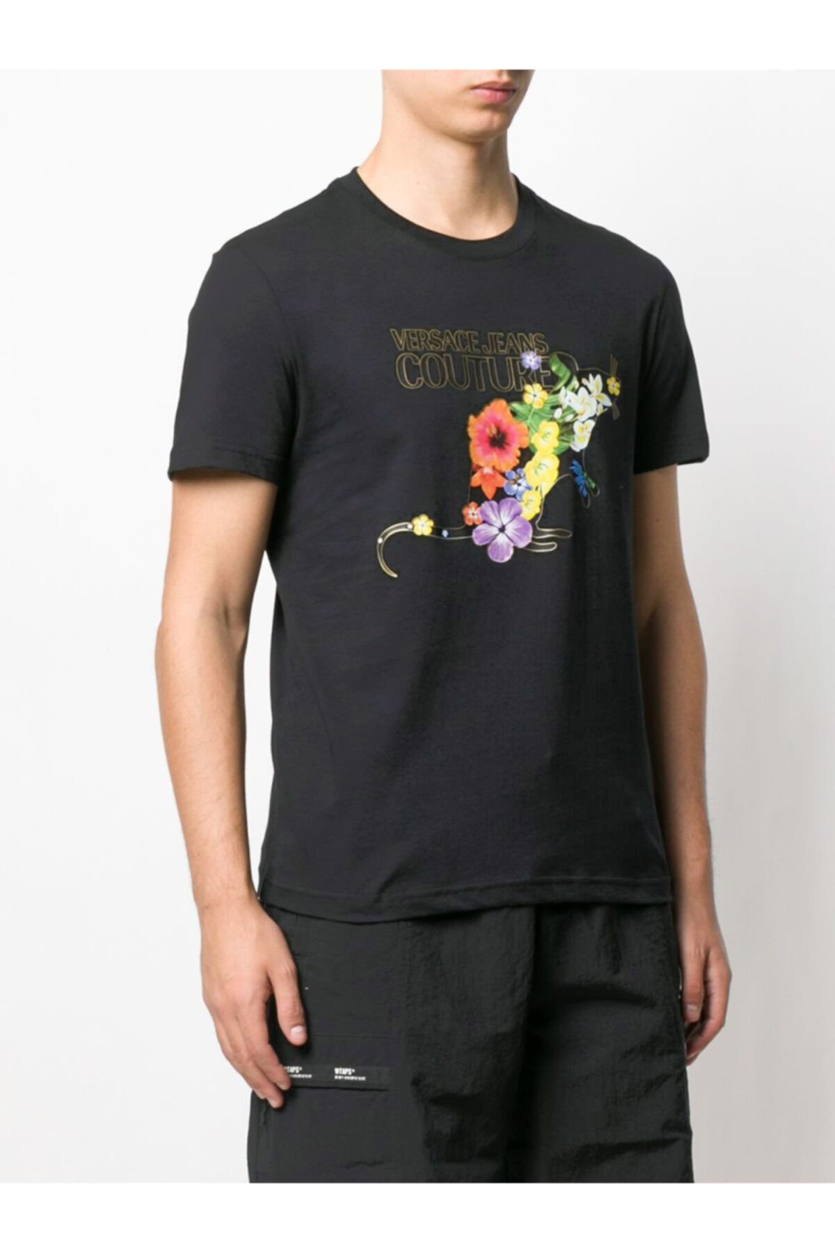 Versace Çiçek Desenli Sıfır Yaka Lacivert Erkek T-shirt
